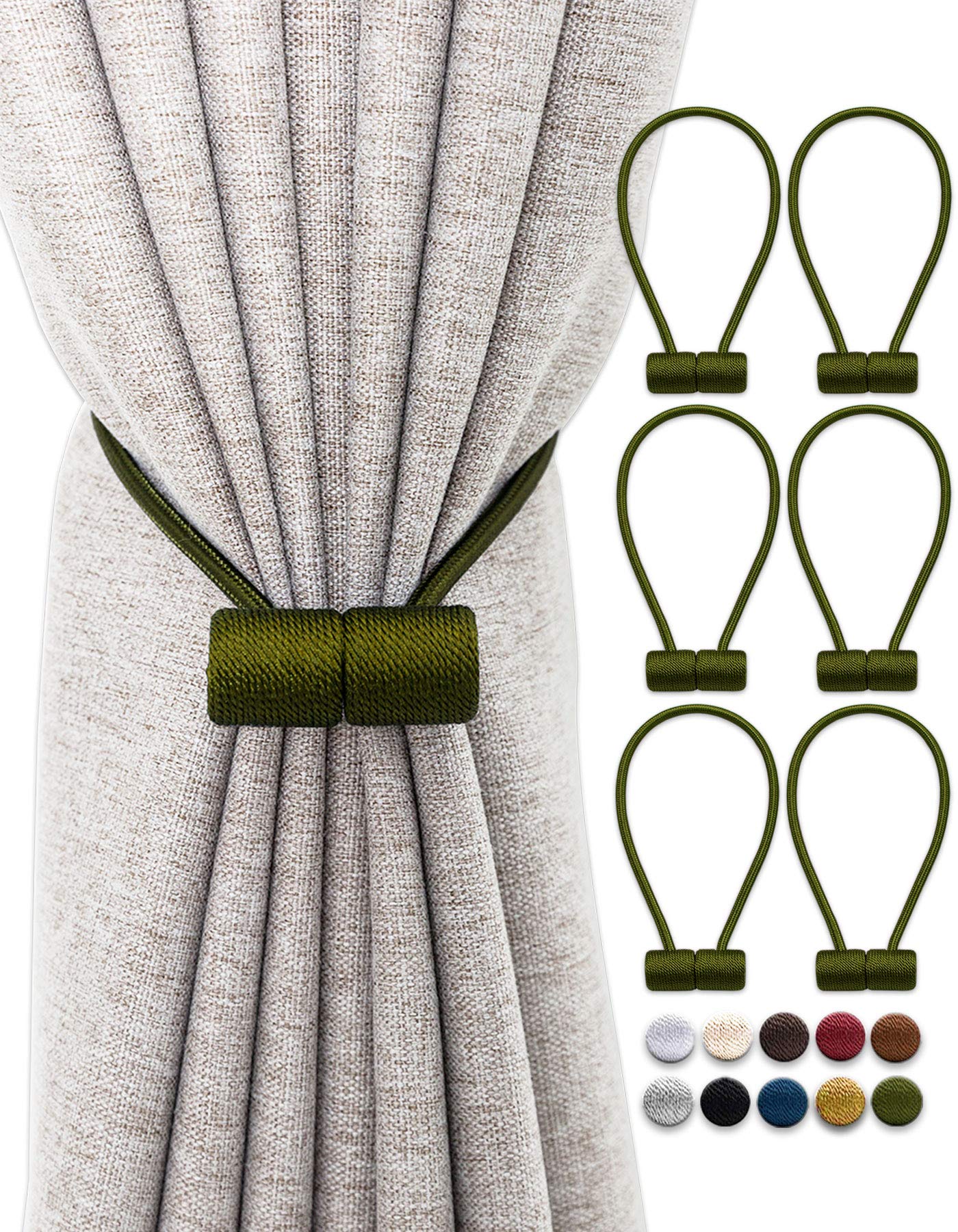 OUdini Curtain Tiebacks, Drapery Tiebacks Curtain Holdback Rope Curtain Holder Buckles for Blackout/Sheer Window Treatment/Olive/6Pcs