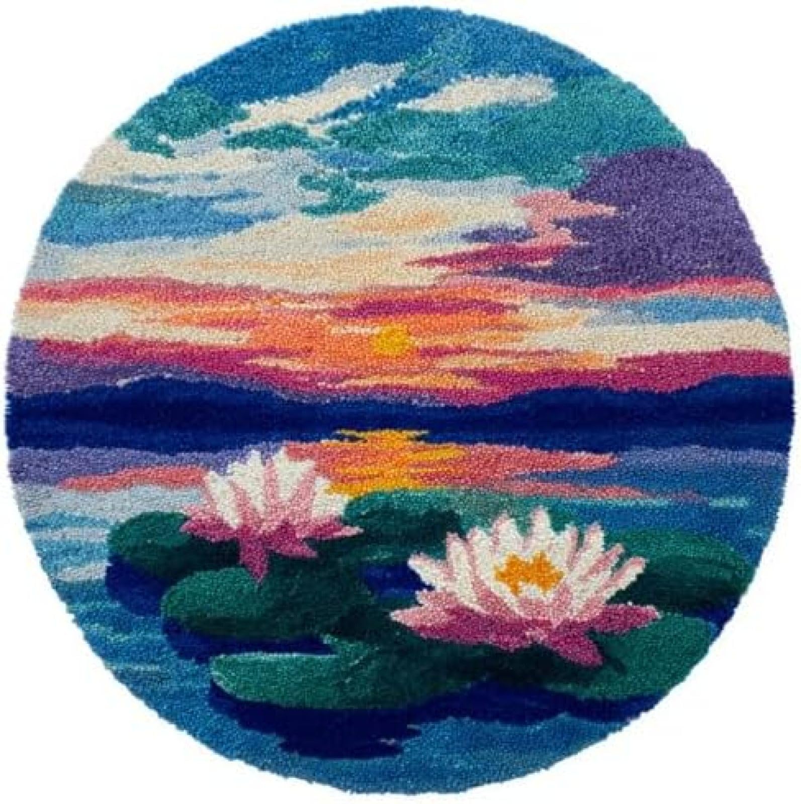 Latch Hook Rug Kit Water Lily Flowers And Sunset Round Rug 52x52cm