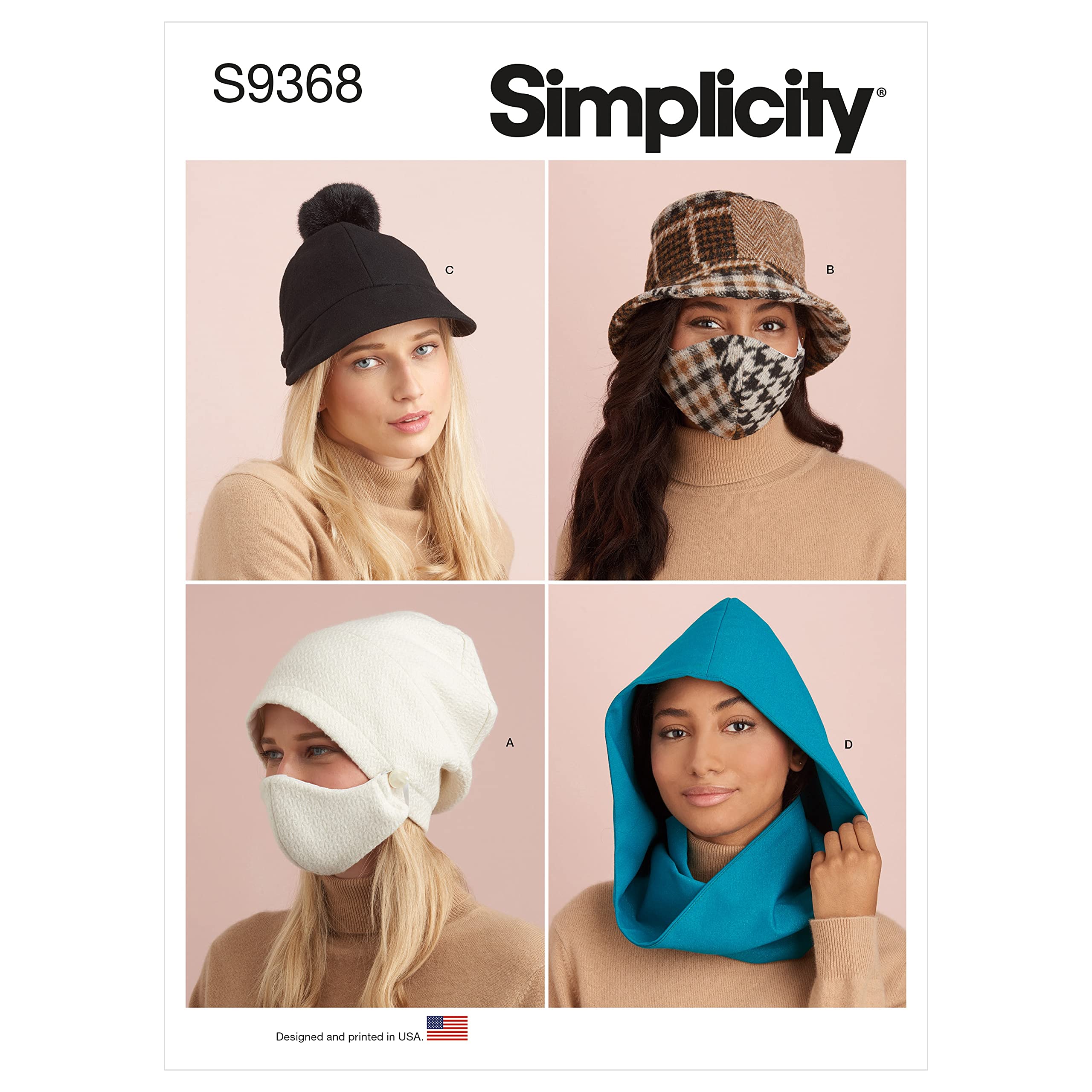 SIMPLICITY 9368 MISSES HATS & MASK SETS Sewing Pattern Sizes S - XL
