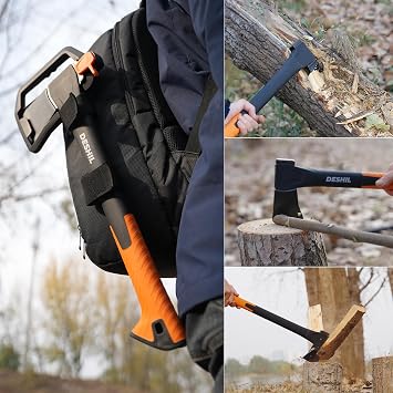 DESHIL 14-Inch Camping Hatchet with Carbon Steel Blade and Sheath | Heat-treated carbon steel, lightweight nylon handle and locking sheath for kindling, small branches and tent stakes.