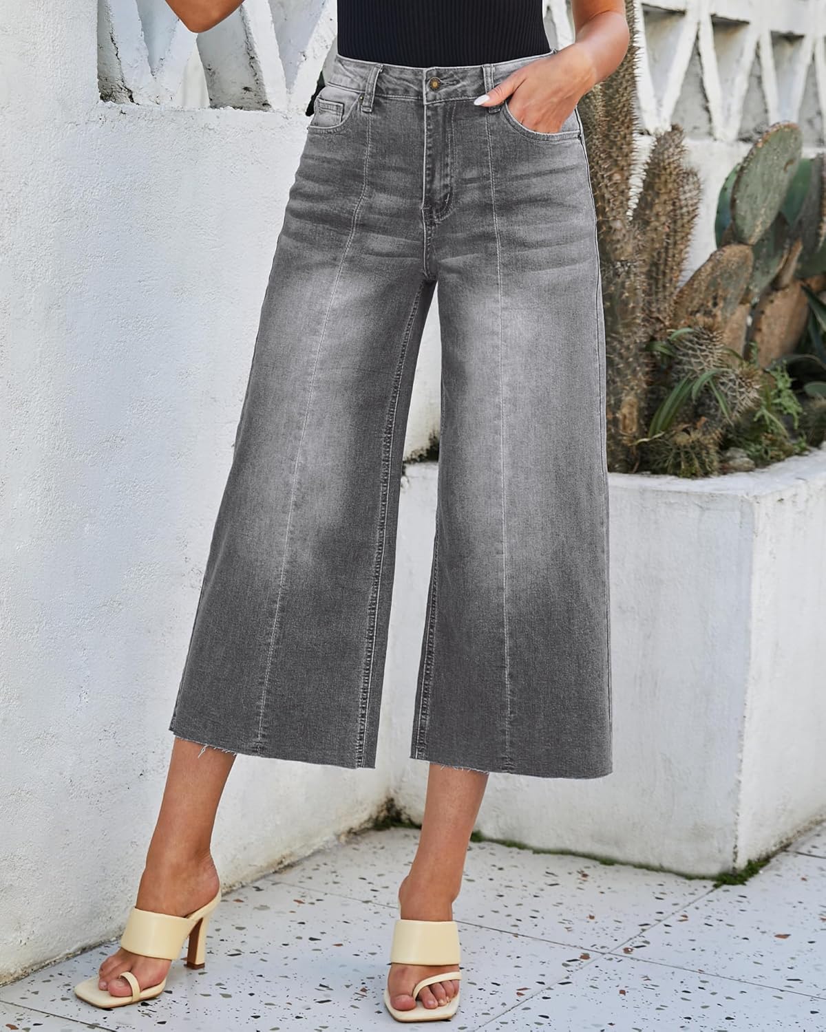 luvamia Wide Leg Capris Jeans for Women Trendy High Waisted Jean Capris Raw Hem Stretchy Denim Cropped Pants - Image 4