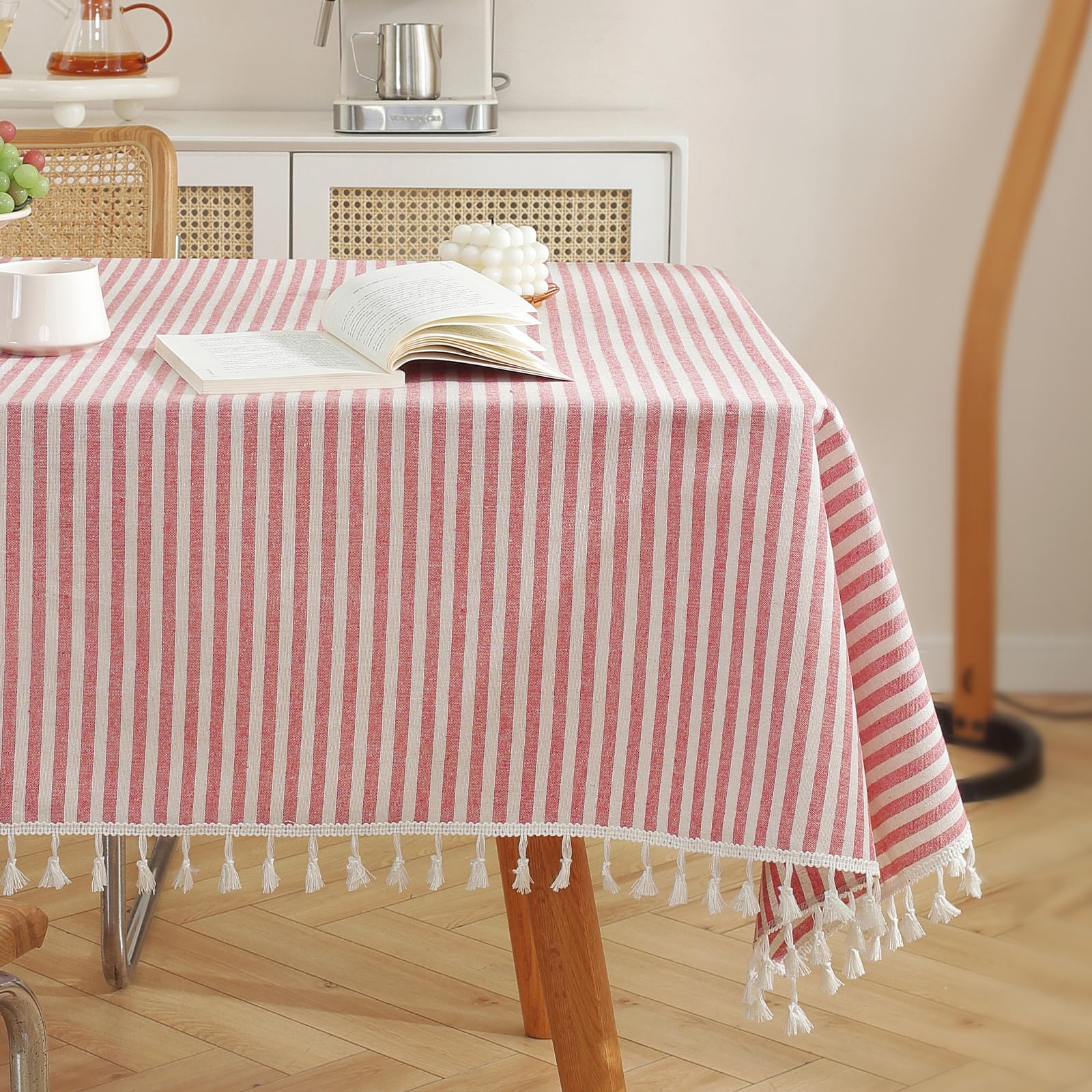 meioro Tablecloths Striped Tassel Table Cloth Rectangular Tablecloth Cotton Linen Table Cover Suitable for Home Kitchen Decoration (Red/White Stripes, 120×160cm)