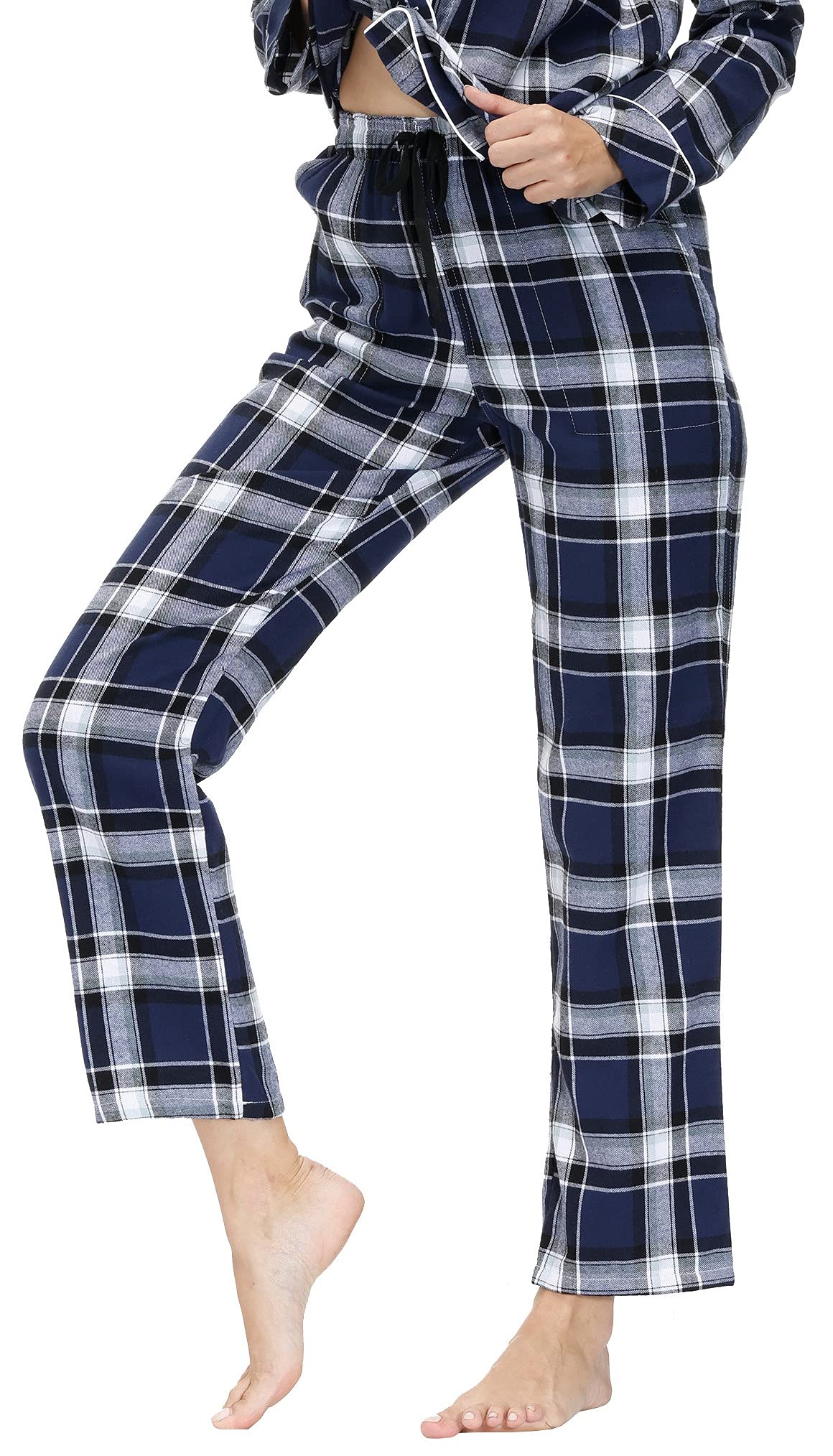 MoFiz Pyjama Femme Coton Ensemble de Pyjama Carreaux Vêtements de Nuit Boutonné à Manches Longues Pantalon avec Poches