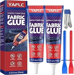 YAFLC Fabric Glue Permanent, Fabric Glue for Patch, Clear Fabrics Adhesive for Clothing Permanent Washable for All Cotton, Denim, Flannel, Polyester 2 x 75 ml