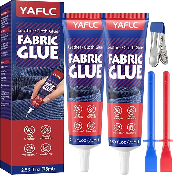 YAFLC Fabric Glue Permanent, Fabric Glue for Patch, Clear Fabrics Adhesive for Clothing Permanent Washable for All Cotton, Denim, Flannel, Polyester 2 x 75 ml - 1