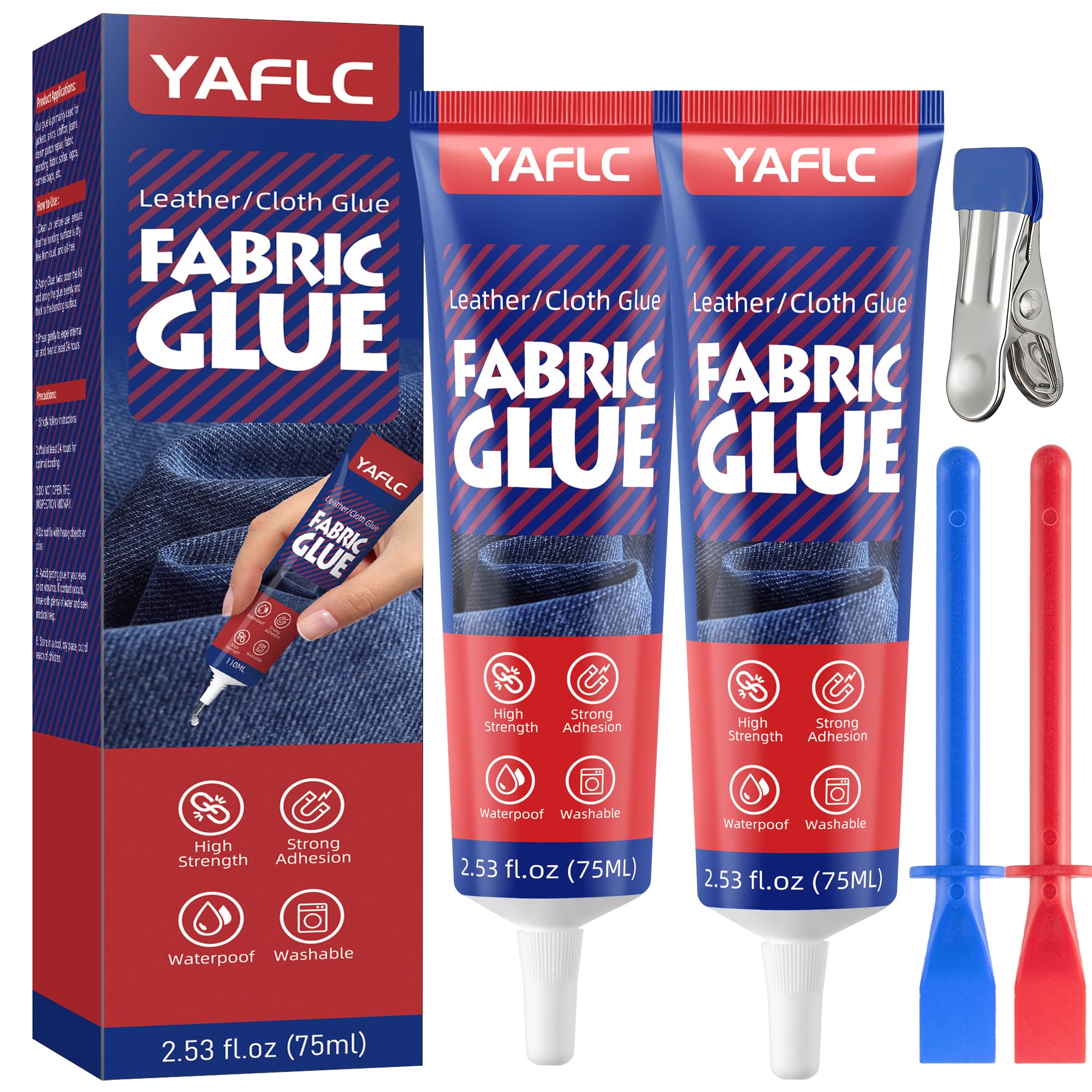 YAFLC Fabric Glue Permanent, Fabric Glue for Patch, Clear Fabrics Adhesive for Clothing Permanent Washable for All Cotton, Denim, Flannel, Polyester 2 x 75 ml - 2