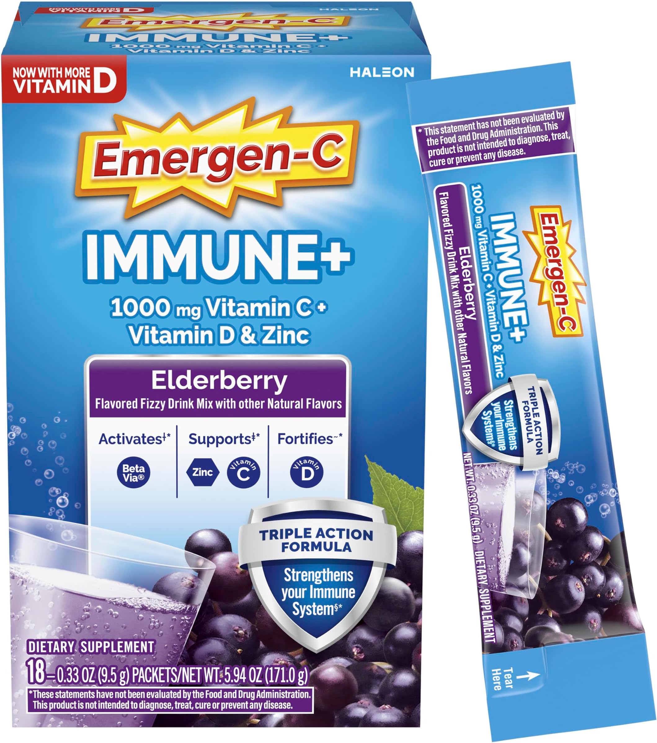 Immune+ Triple Action Immune Support Powder, BetaVia (R), 1000mg Vitamin C, B Vitamins, Vitamin D and Antioxidants, Elderberry, Back to School Essentials – 18 Count