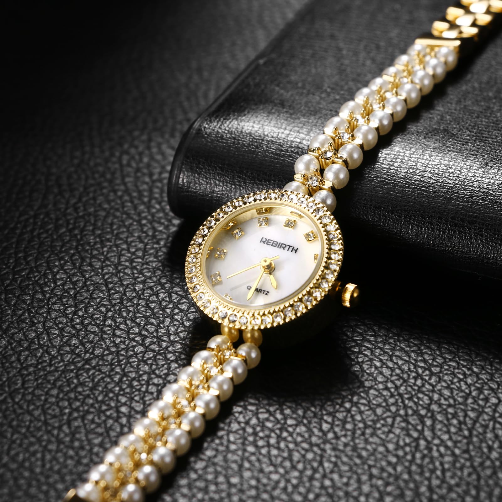JewelryWe Damenuhr Strass Perlen Uhr 30m Wasserdicht Glitzer Diamant Perlenuhr Damen Analog Quarz Armbanduhr Elegant Klein Rund Lässige Uhr mit schmalem Metallarmband