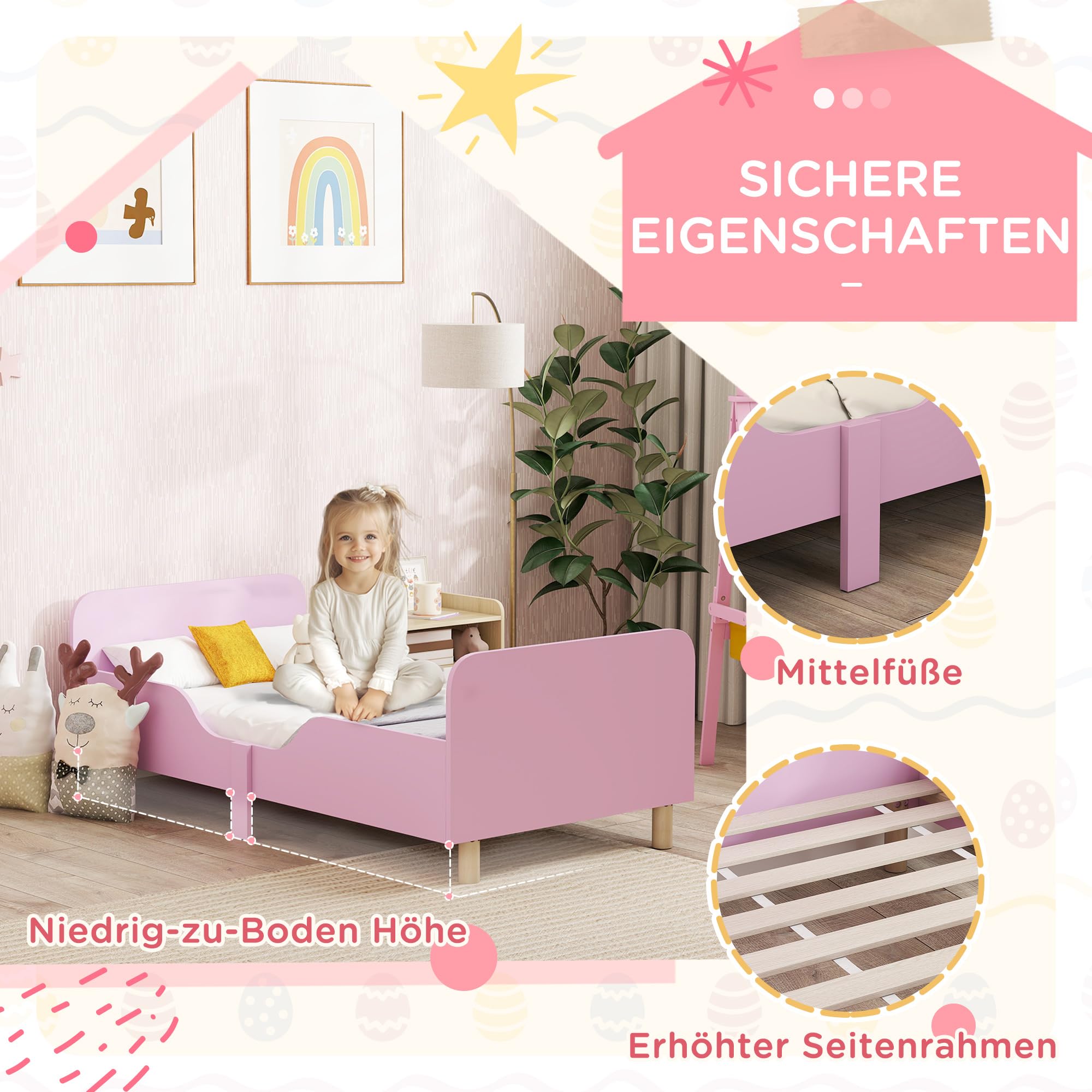 AIYAPLAY Kinderbett mit Rausfallschutz, Lattenrost, 140 x 70 cm Jugendbett mit Kopf- und Fußteil, Einzelbett aus Holz, Holzbett für Mädchen und Jungen, Rosa | mit Rausfallschutz