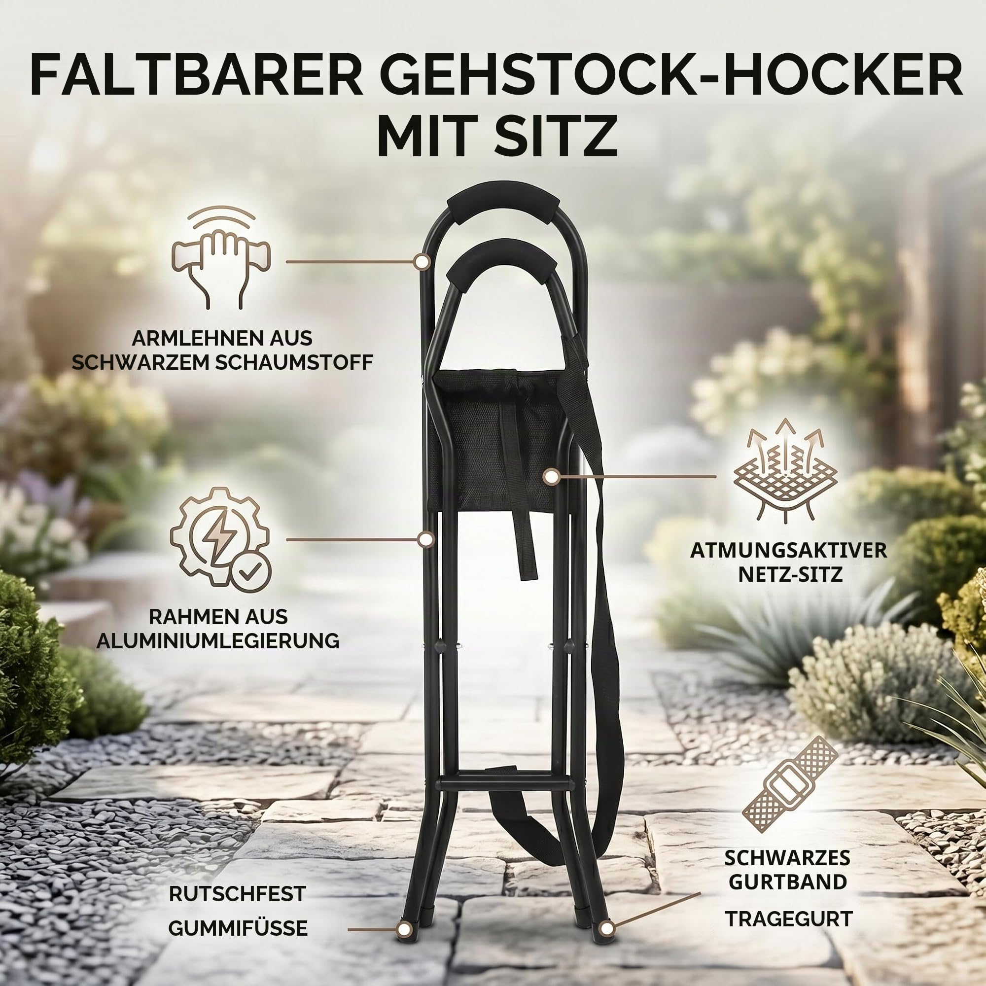 Ejoyous Faltbarer Gehstock Stuhl mit Sitz, Tragbar, Schwarz, Aluminium, 1.62 kg, 113 kg Belastbarkeit, für ältere Menschen