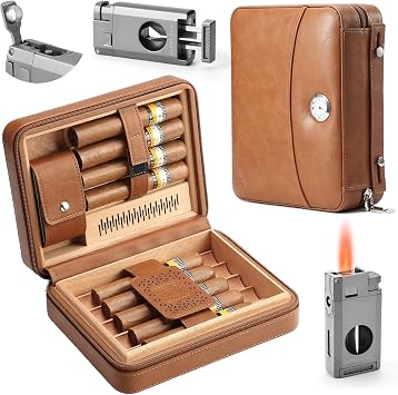 Travel Cigar Case with Torch Lighter, V Cutter, 9 Count | Leather Case, Cedar Lining, Hygrometer and Humidifier, Torch Lighter with V Cutter, Tight Seal Design, Holds 9 Cigars