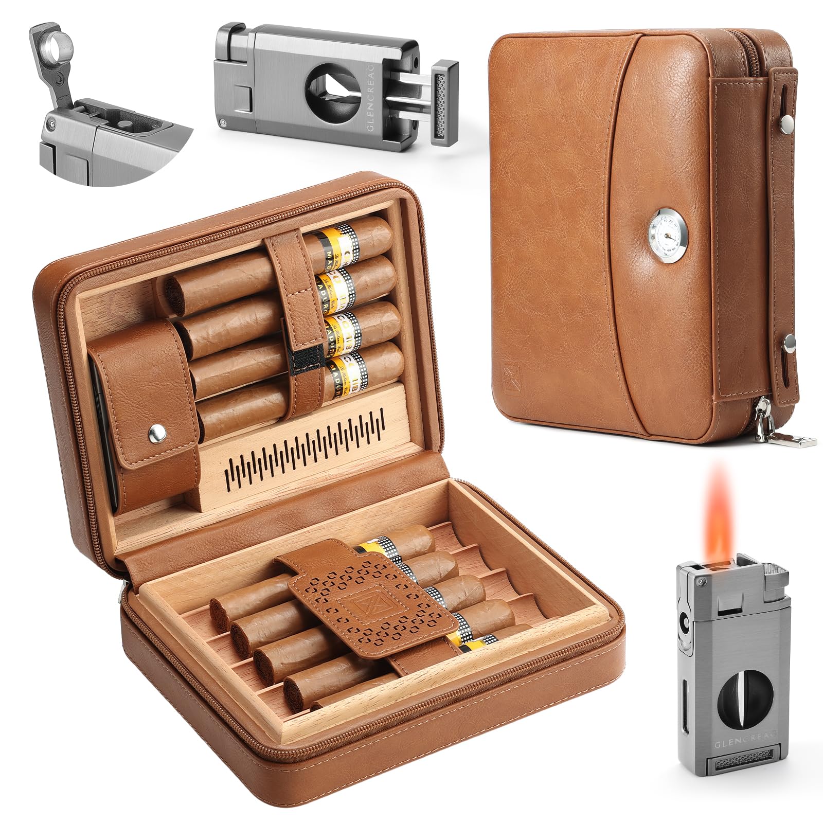 GLENCREAG Travel Cigar Case, Leather Cigar Case with Spanish Cedar Lining, Built-in Hygrometer & Humidifier, Torch Lighter with V Cutter, Tight Seal Design, 9 Counts