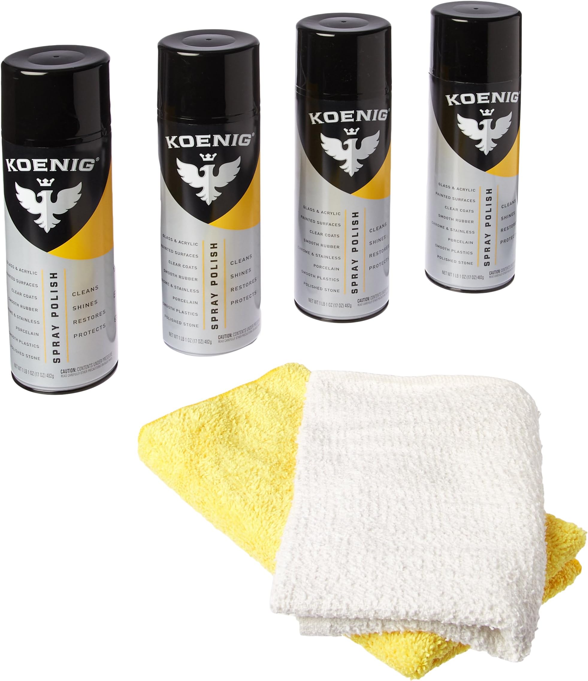 4 Cans Koenig Spray Polish w/ 2 Towel Set | Multipurpose Cleaner and Polish | Green-Based Polish Spray | Household Spray Polish and Cleaner | Multipurpose Polish for Home & Auto