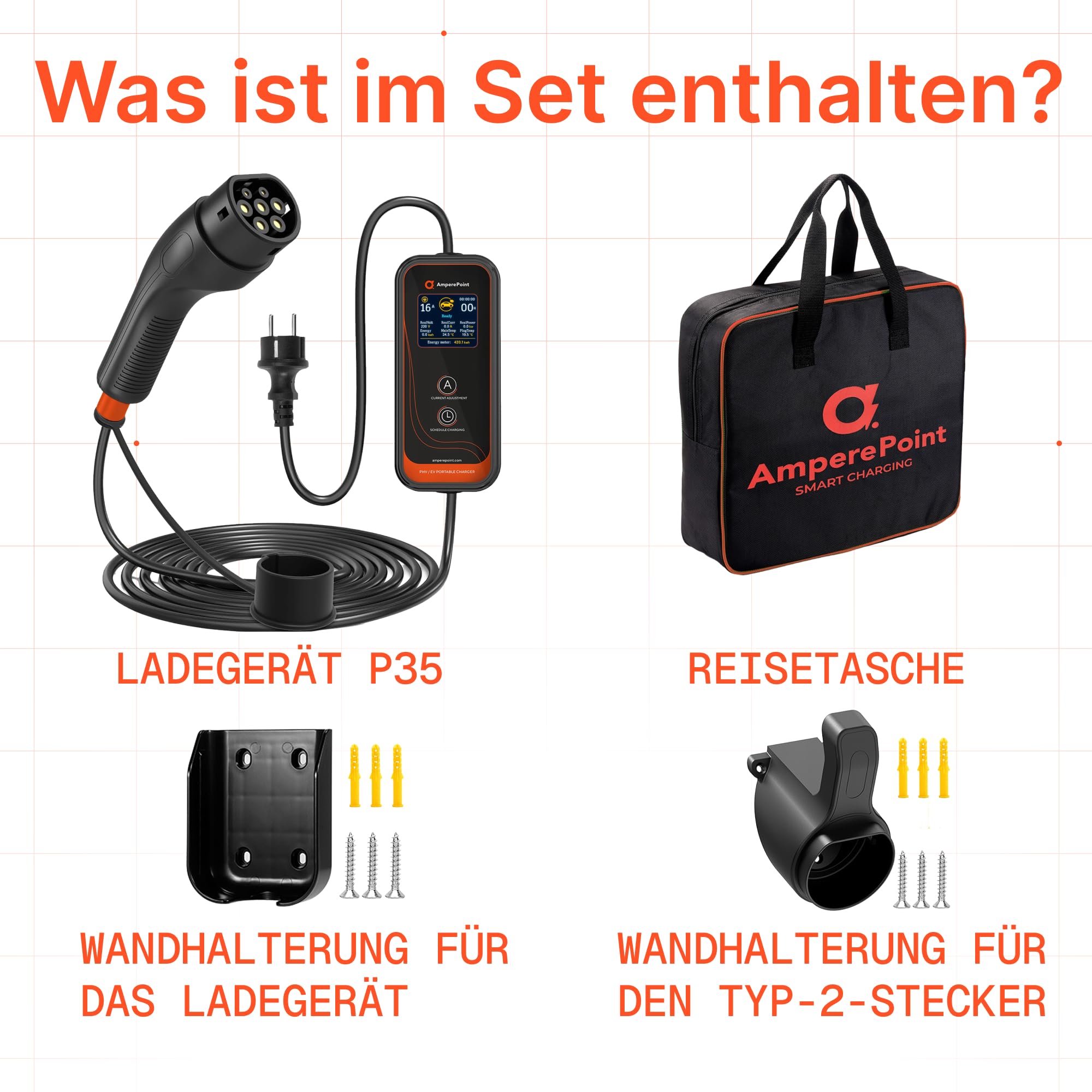 Mobile Wallbox 3,7 kW 16A Typ 2 Ladestation mit Einstellbarer Ladeleistung 6-16A, Ladekabel mit Länge 6 m mit Netzanschluss 230 V, Tragbares EV-Ladegerät für Elektroautos mit Tragetasche