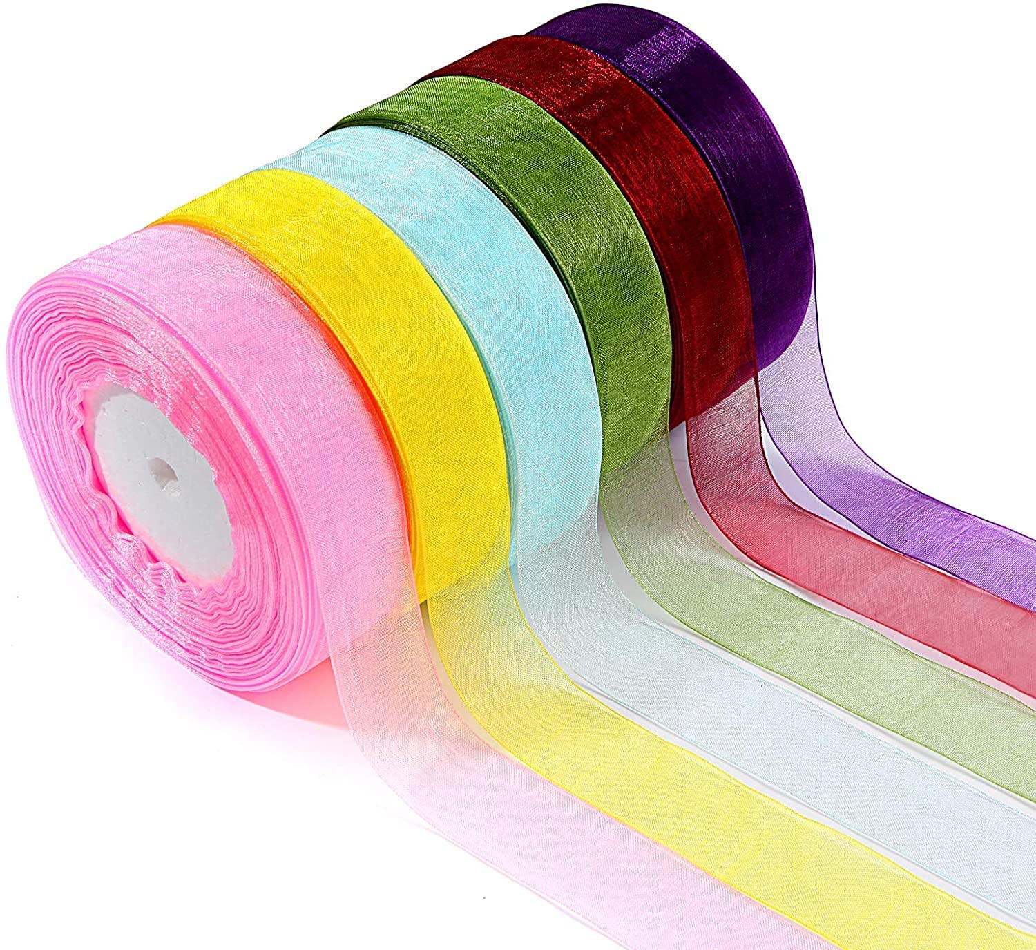 Bluedeal Bells&Whistles 6 Rolls Sheer Chiffon Packing Christmas Ribbons Organza Ribbon for Gift Wrapping Crafts Bouquet Vagarland Wedding Party Valentine Decoration,1" Wide Yards/Roll