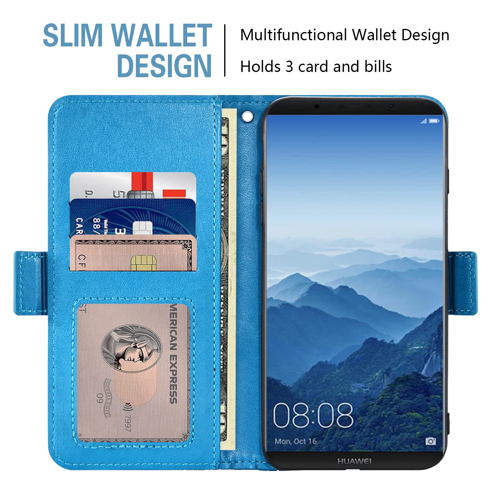 Asuwish Custodia Portafoglio Per Huawei Mate 10 Pro Con Pellicola E Catena - Pelle Blu - 4