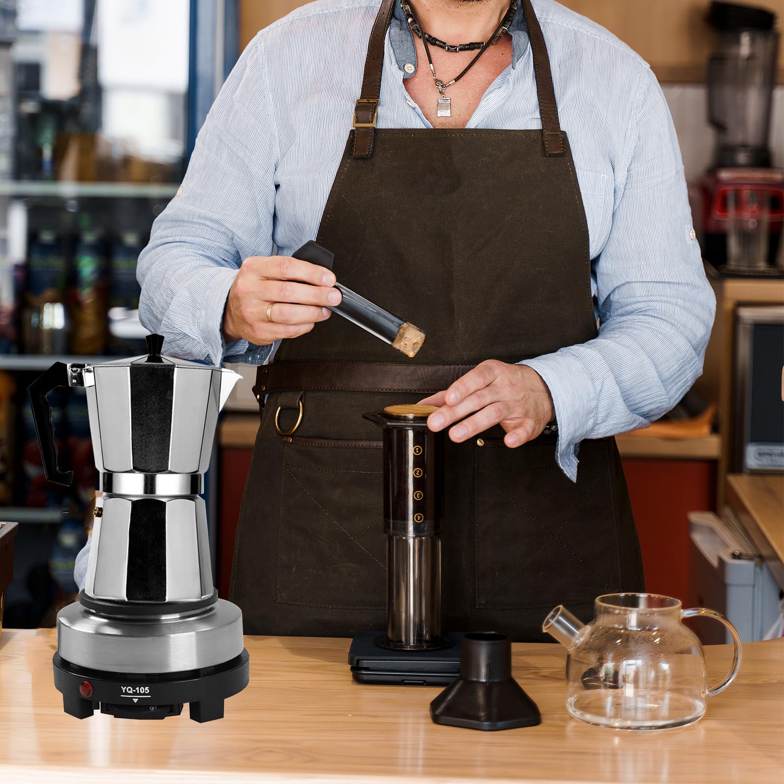 Cafetière Électrique Italienne pour 6 Tasses, 300 ml Cafetière Électrique Italienne d' Expresso avec Mini Plaque Chauffante, Portable Cafetières Moka en Aluminium, Cadeau pour Maison et Voyages