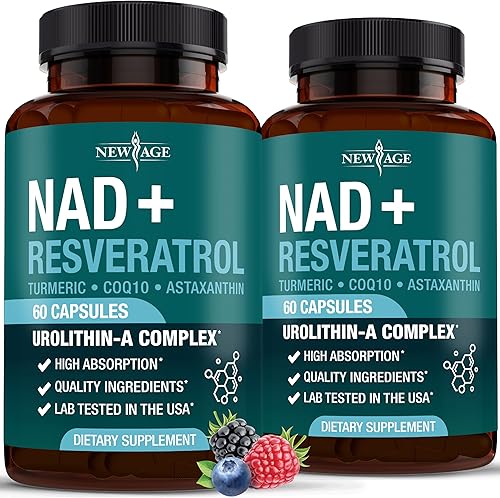 NEW AGE Complejo de suplementos NAD+ - NAD+ 300 mg con astaxantina, urolitina A, resveratrol, CoQ10 y mezcla de antioxidantes - Energía celular,