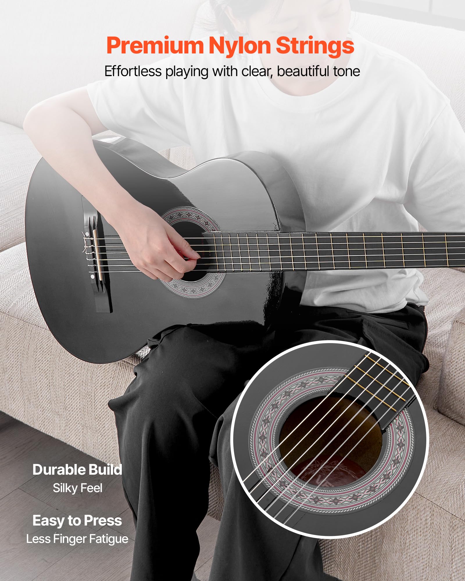 VEVOR Chitarra Classica, 960 mm, in Legno per Principianti, con Corde in Nylon, Custodia Morbida, Tracolla, Accordatore, Corde Extra, Plettri, Capotasto, Tiglio, per Adolescenti, Adulti, Nero