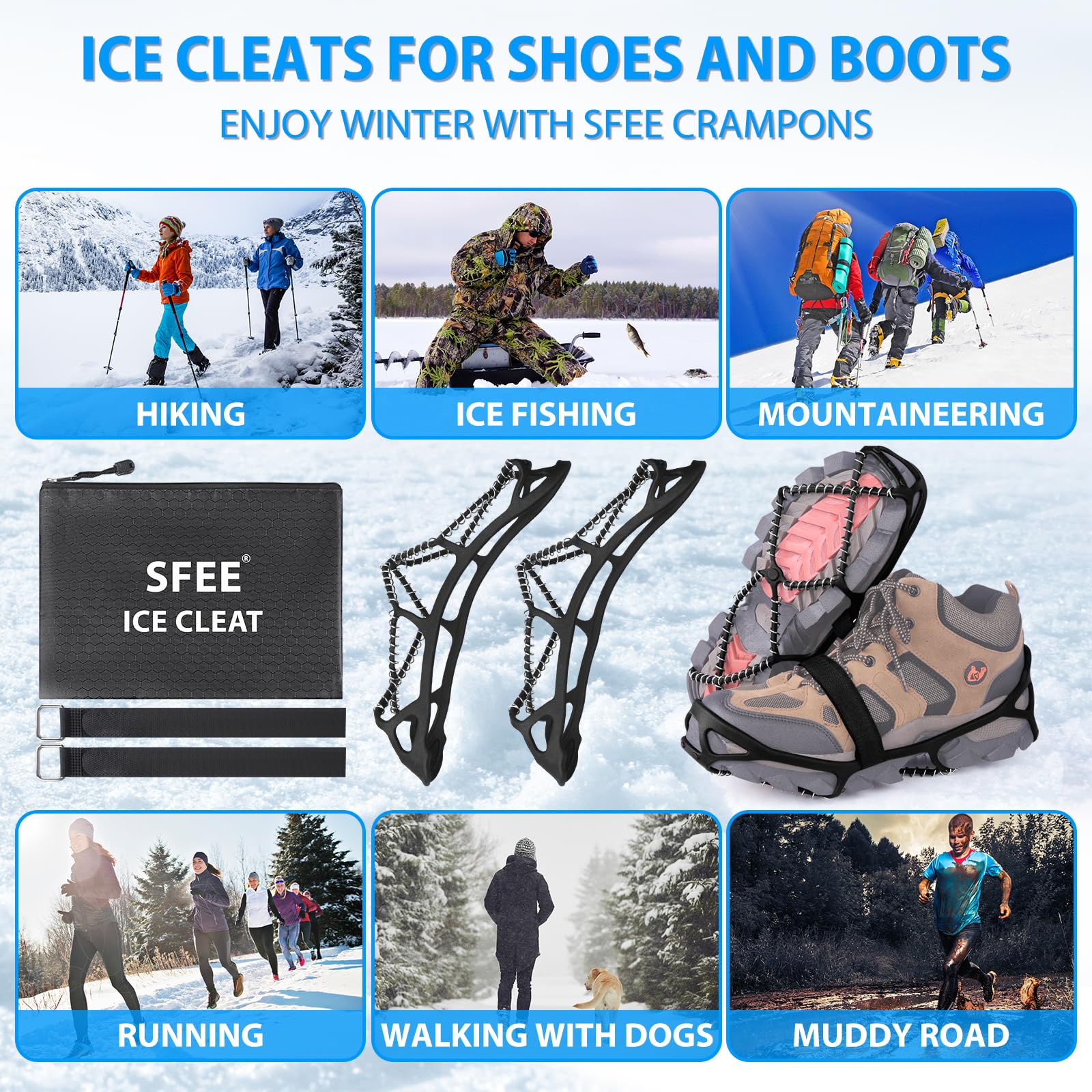 Sfee Tacchetti da ghiaccio per camminare su ghiaccio, neve, ramponi, trazione per scarpe/stivali, antiscivolo, portatili, flessibili, per camminare, arrampicata, escursionismo, pesca, corsa all'aperto