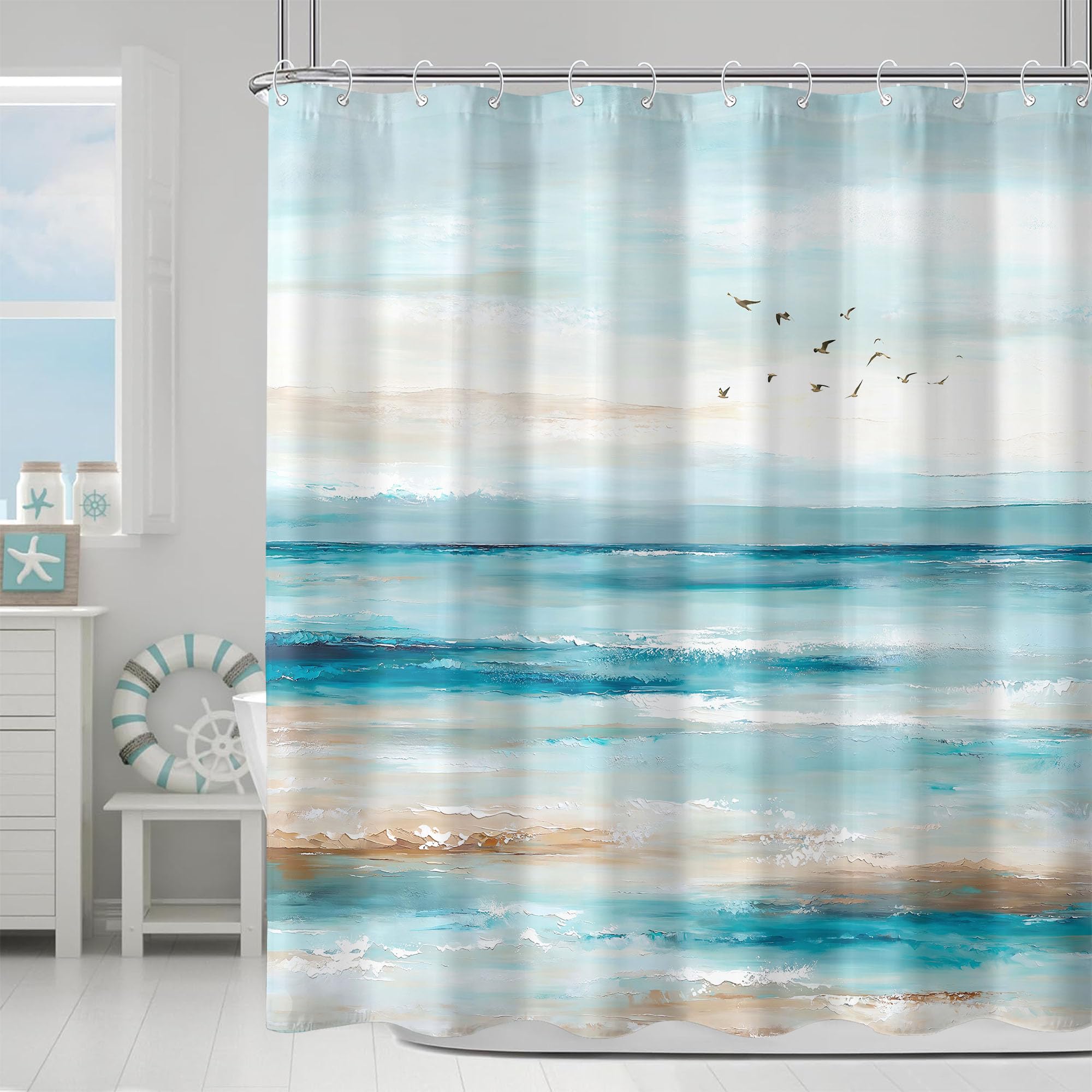 Accnicc Abstract Beach Shower Curtain Ocean Art Oil Painting Shower Curtains for Bathroom Teal Blue Coastal Seagull Waterproof Fabric Bath Curtain Decor 72 X 72 Inches
