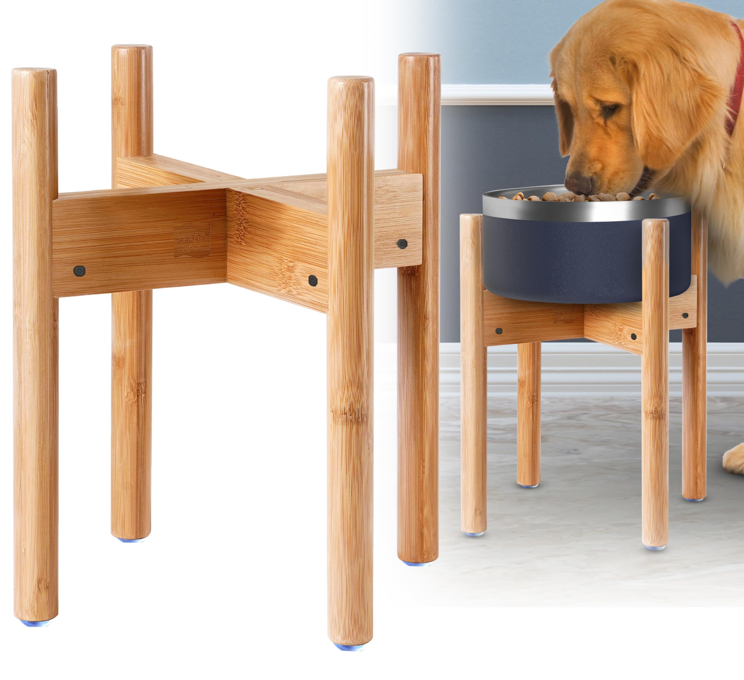 Dog Bowl Stand for Large Dogs (See Size Guide) - Use to Elevate, Raise Dog Food and Water, Deter Ants/Bugs - Expandable Sideways, Fits Various Sizes of Slow Feeders, Dishes/Fountains - Bamboo