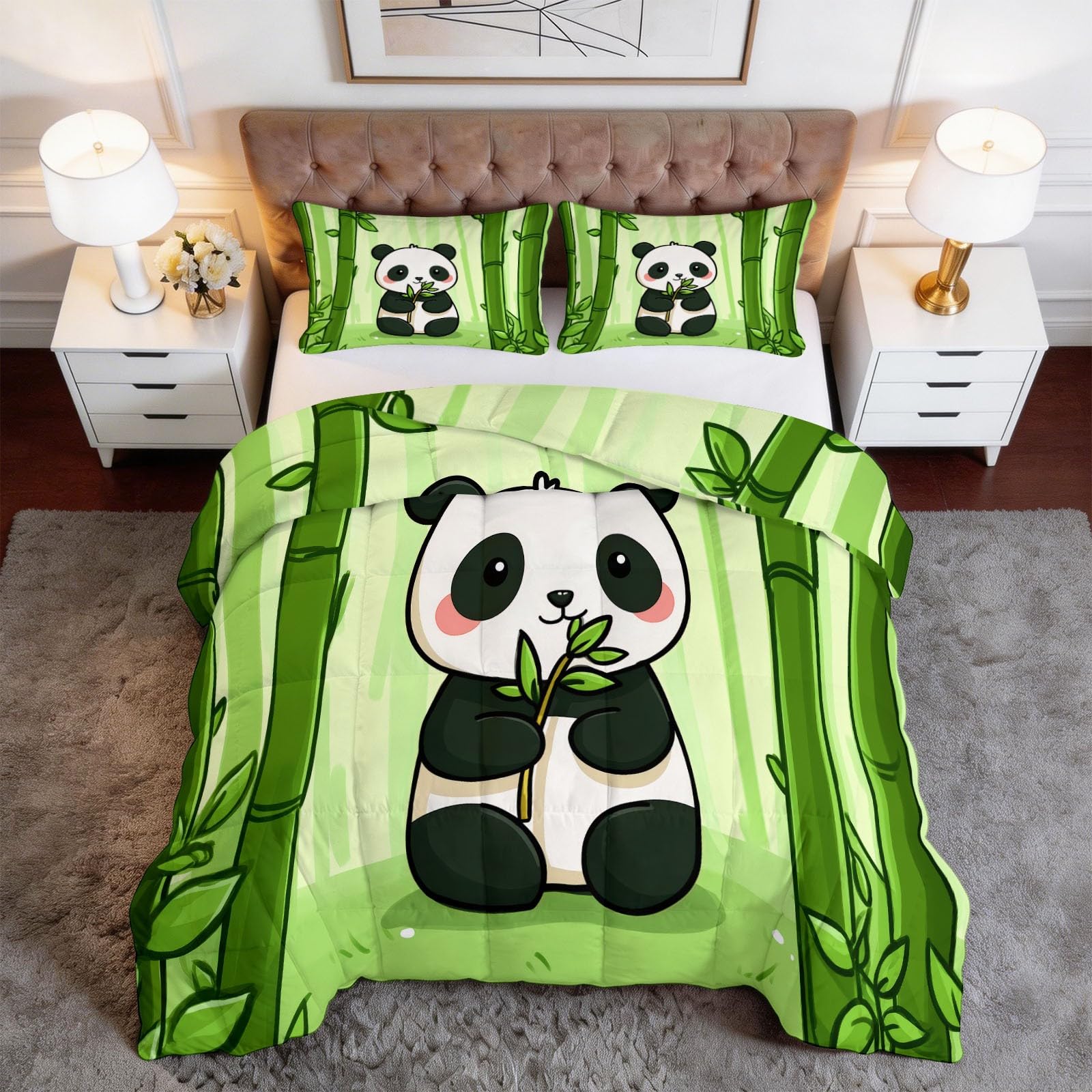 Edredón de dibujos animados de panda para el dormitorio infantil manta ligera de bosque verde