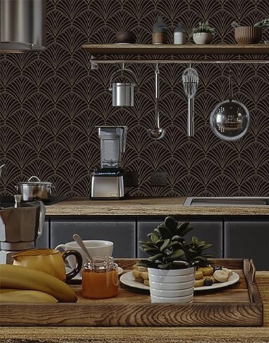 Miniatura 5 de Dimoon Papel tapiz geométrico de 393 x 17.3 pulgadas, papel de contacto dorado negro, papel de contacto geométrico, grueso, impermeable, dorado,