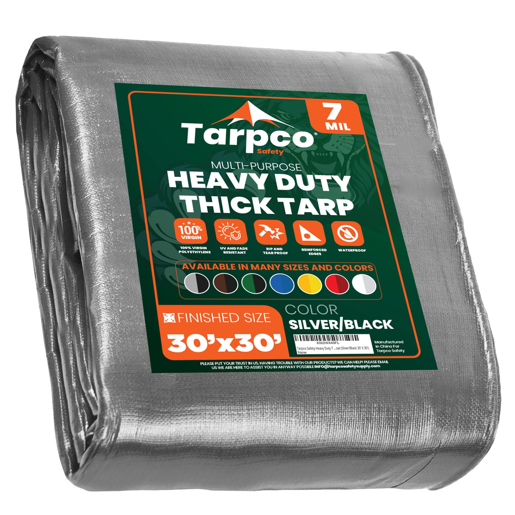 Heavy Duty 7 Mil Tarp Cover, Waterproof, UV Resistant, Rip and Tear Proof, Poly Tarpaulin with Reinforced Edges for Roof, Camping, Patio, Pool Cover, Boat (Silver/Black 30′ X 30′)