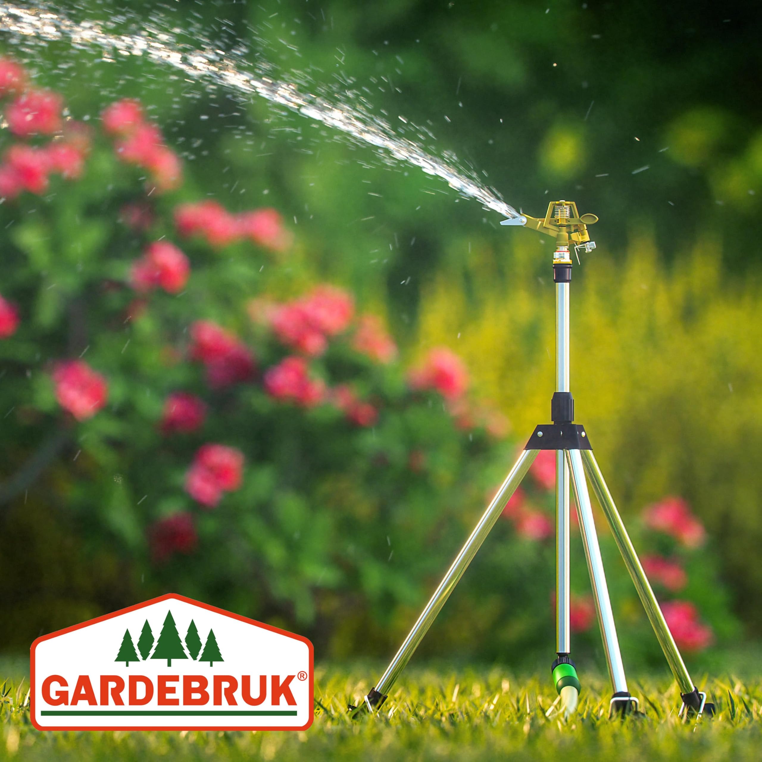 GARDEBRUK® Sprinkler mit Teleskopstativ Erdspieß Sprengweite bis 24m Garten Impulsregner Rasensprenger Sektorenregner Gartenbewässerung Wassersprinkler