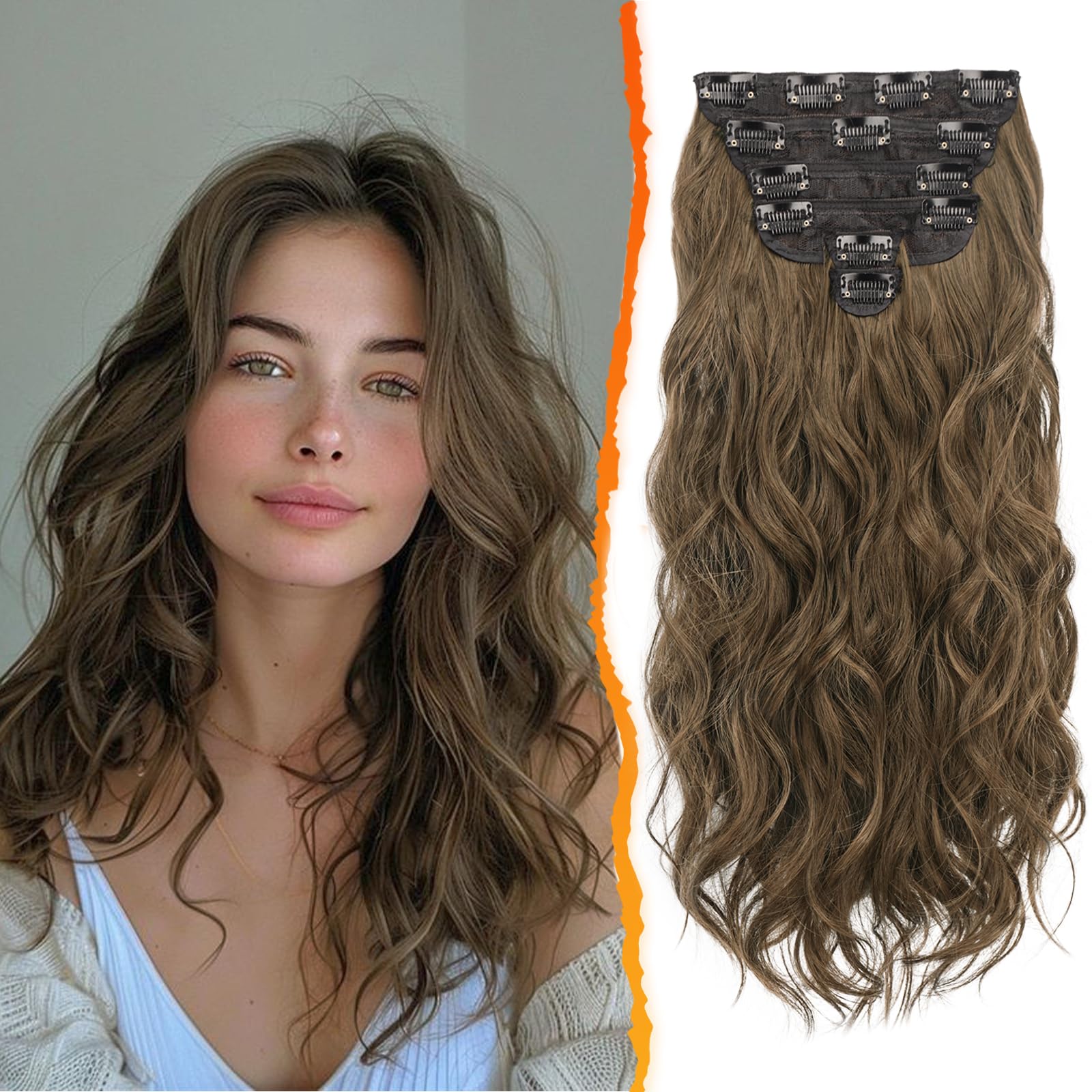 BARSDAR Clip en Extensiones de Cabello para Mujer, 50cm Largo Ondulado Marrón Extensión de Pelo Clip en 6 Piezas Rizado Natural Sintética Clip en Postizos Fiesta Diaria (Castaña & Chocolate Marrón)