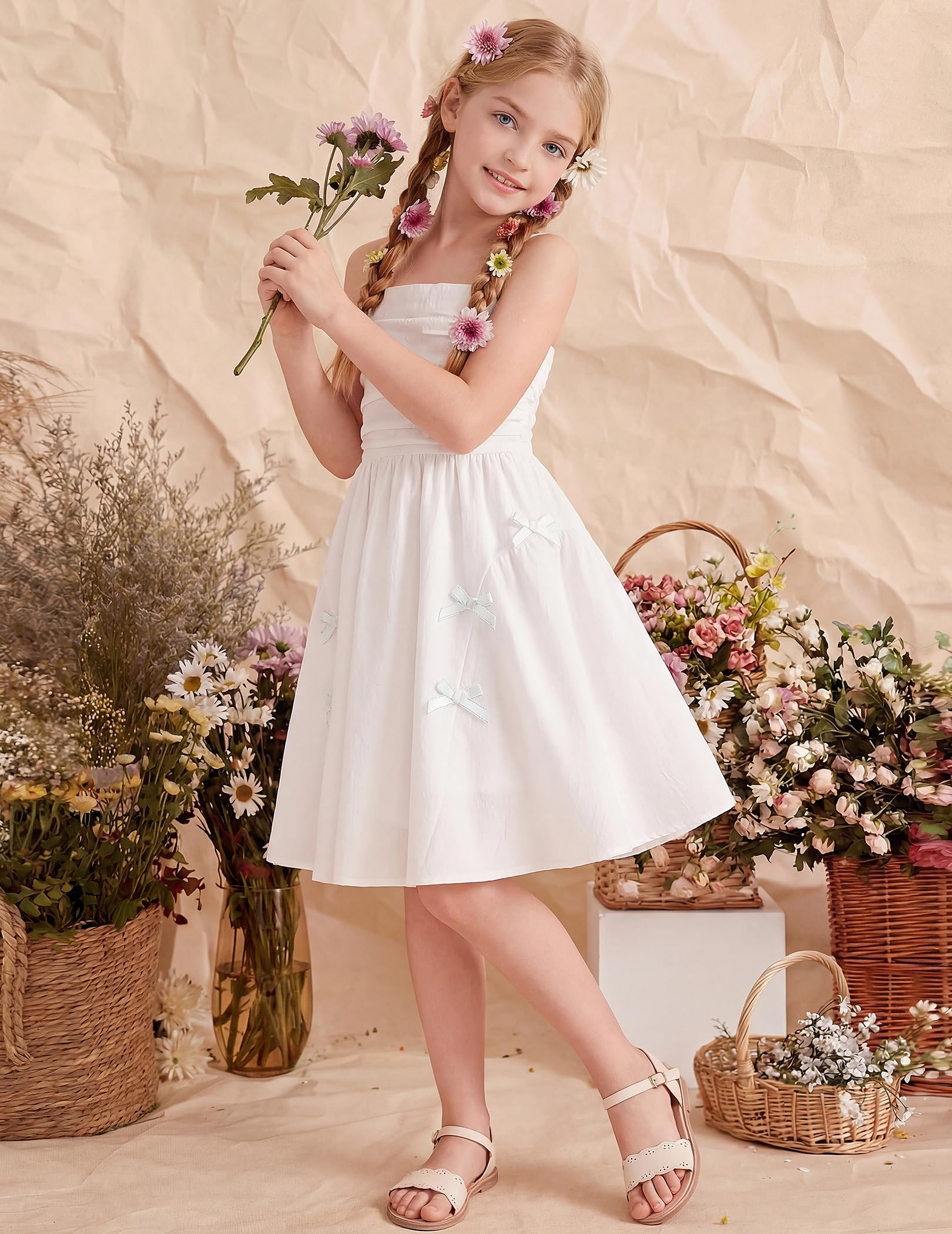 Girls Summer Dress Boho Dress Adjustable Spaghetti Straps A-line Sundress Cute Beach Party Dresses with Bows — view 3