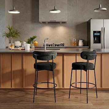 AODAILIHB Swivel Bar Stools Set of 2, Counter Height Bar Stools with Back and Metal Legs, High Top Island Chairs with Footrest, Sherpa Tall Kitchen Bar Chair Boucle Black Barstools Black, Set of 2