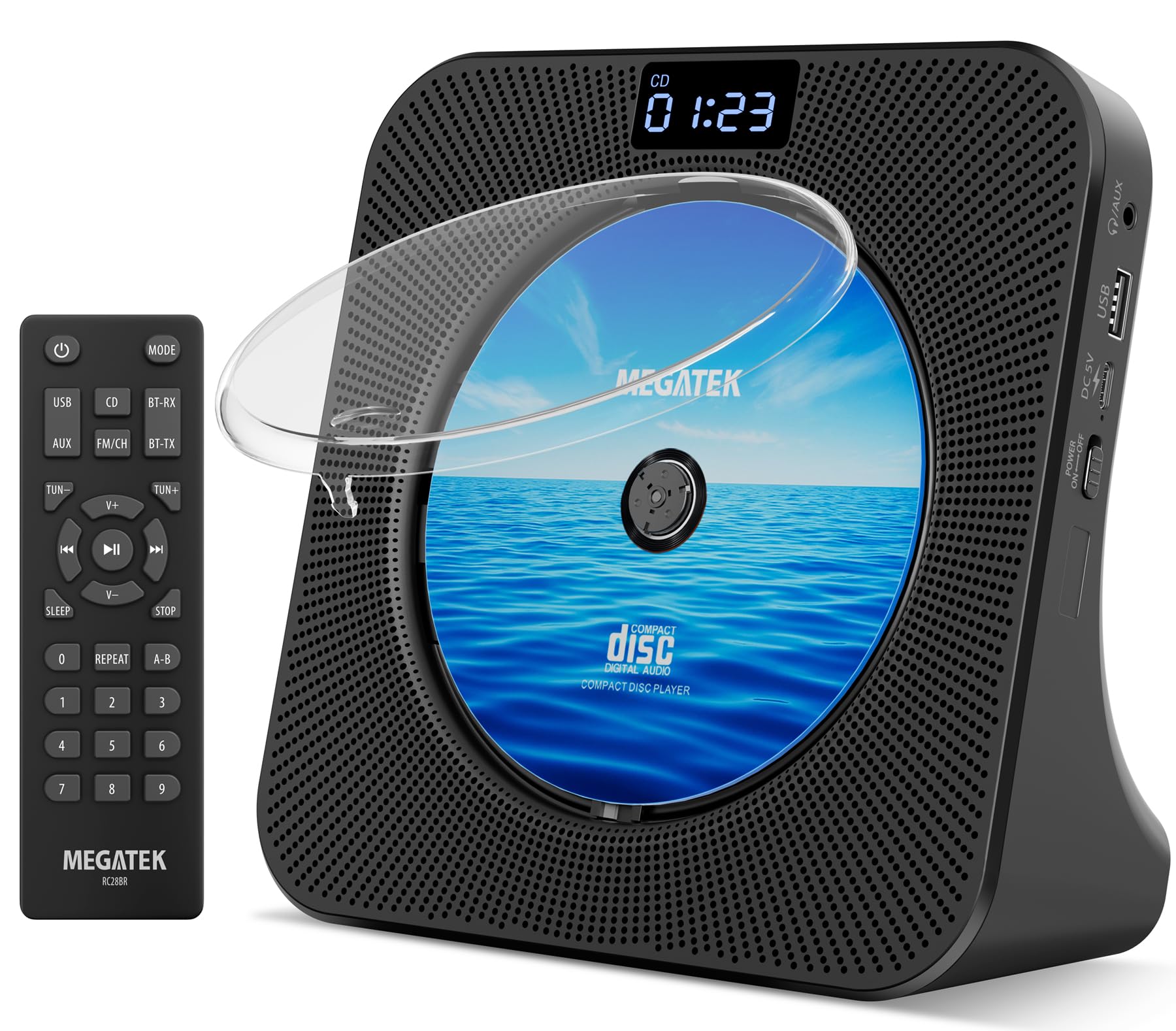 MEGATEK Portable CD Player with Bluetooth RX/TX for Home, Desktop CD Player with HiFi Stereo Speakers, FM Radio, USB Playback, Front Display, Sleep Timer, Remote, USB-C Power Adapter Included (Black)-image-26