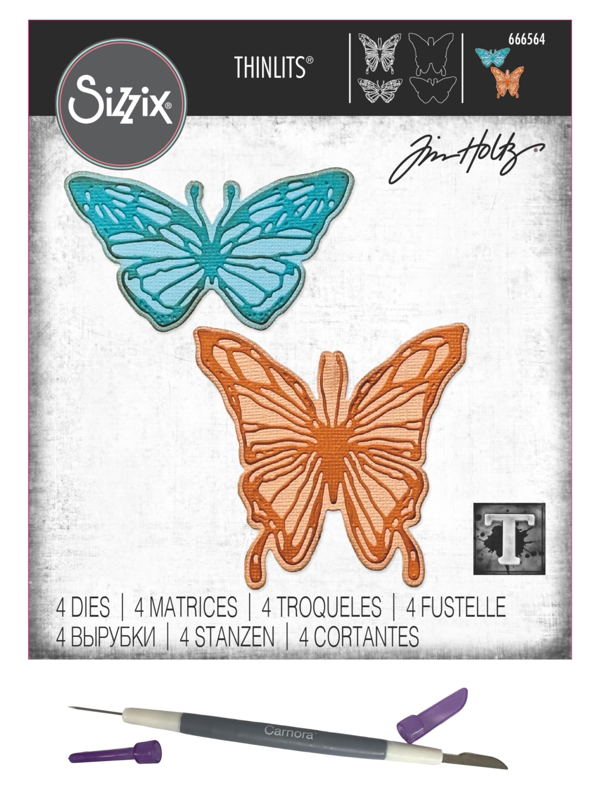 Tim Holtz Sizzix Thinlits Vault Scribbly Butterfly, 4 Dies, Carnora Two-Ended Die Release Gadget, 2 Item Bundle