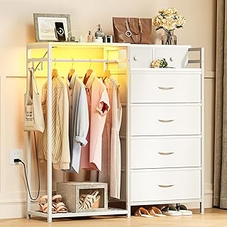 AODK ハンガーラック 引き出し付き タンス クローゼット 幅110×奥行30cm コンセント＆LED付き チェスト ラック 服 洋服収納 衣装棚 スリム おしゃれ 組立簡単 ホワイト