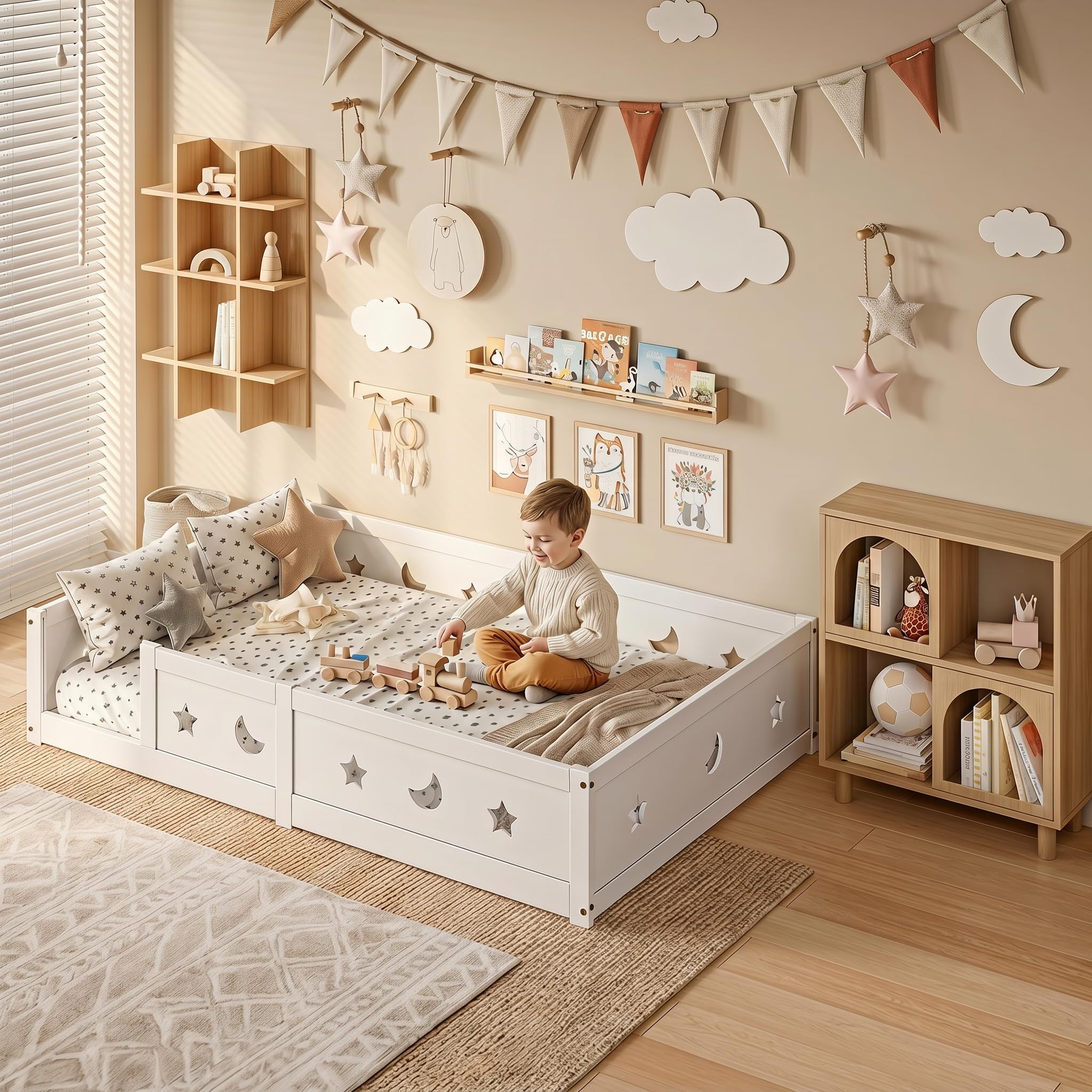 Montessori Łóżko dziecięce 90 x 200 cm, z zabezpieczeniem przed wypadnięciem i stelażem, wzór w gwiazdy i księżyc, dla chłopców i dziewczynek, z litego drewna sosnowego, białe (białe, A01, 120 x 200