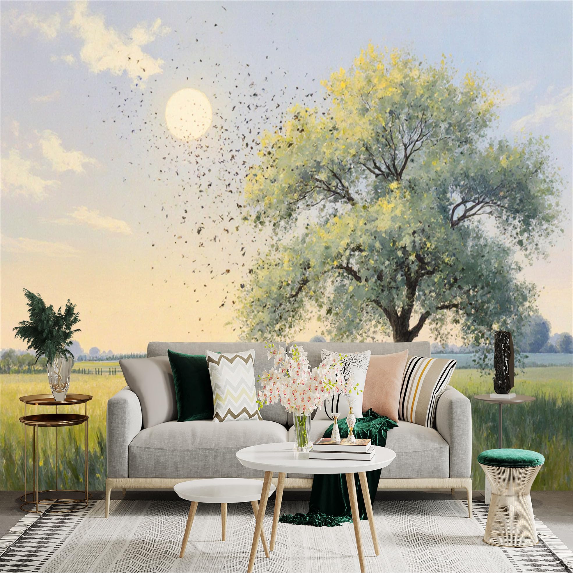 Lnzczhyre Xc260505176 Custom Size Wall Sticker Mural， Large Tree In Sunny Field， Swarm Of Birds At Sunset， Peaceful Pastoral Landscape， For Wall Decoration， Peelandstick Wall Decals.