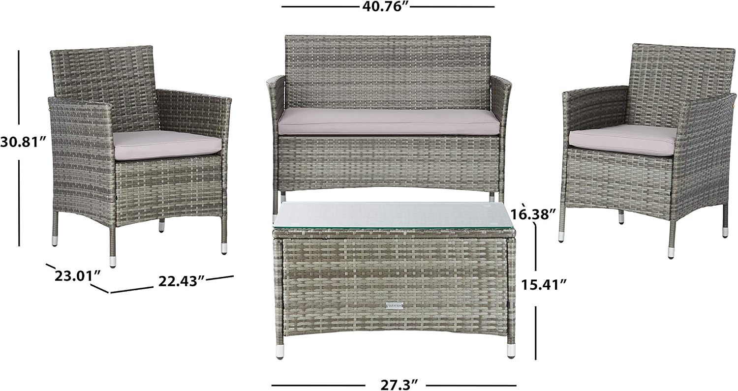 SAFAVIEH PAT7506B Collection Bandele Grey 4-Piece Outdoor Living Patio Set