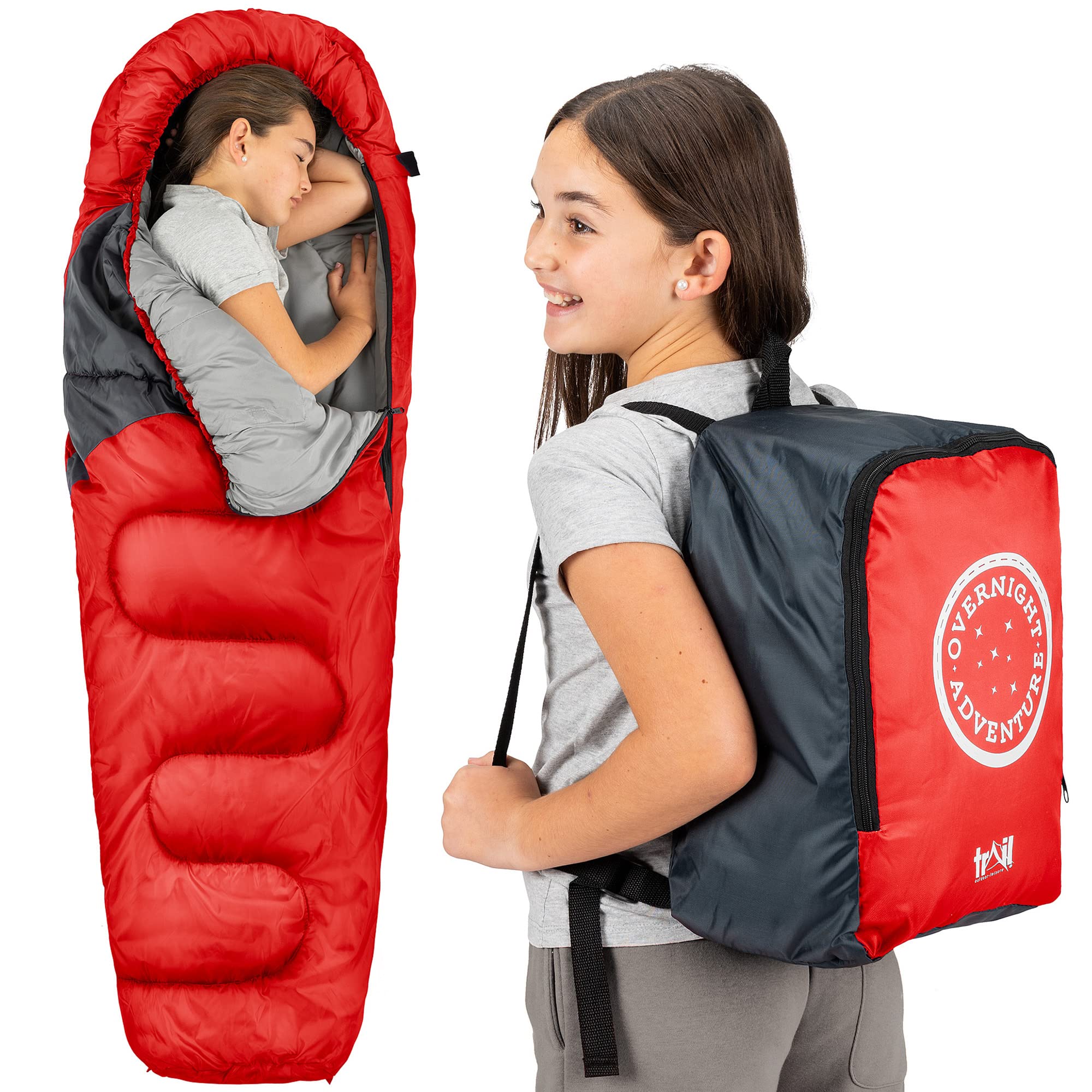 Trail Kids Sleeping Bag Mummy Shape 3 Season Camping 300gsm Boys Girls with Lightweight Rucksack Bag