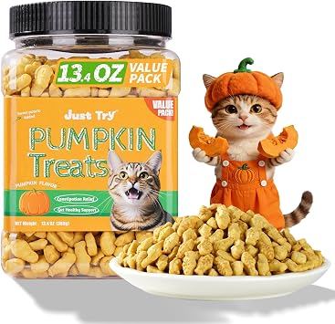 Just Try 13.4 OZ Cat Treats Pumpkin Healthy Cat Snacks Training Biscuits Treats for Cats Digestive Support Low Calorie Snacks Natural Salmon Flavor
