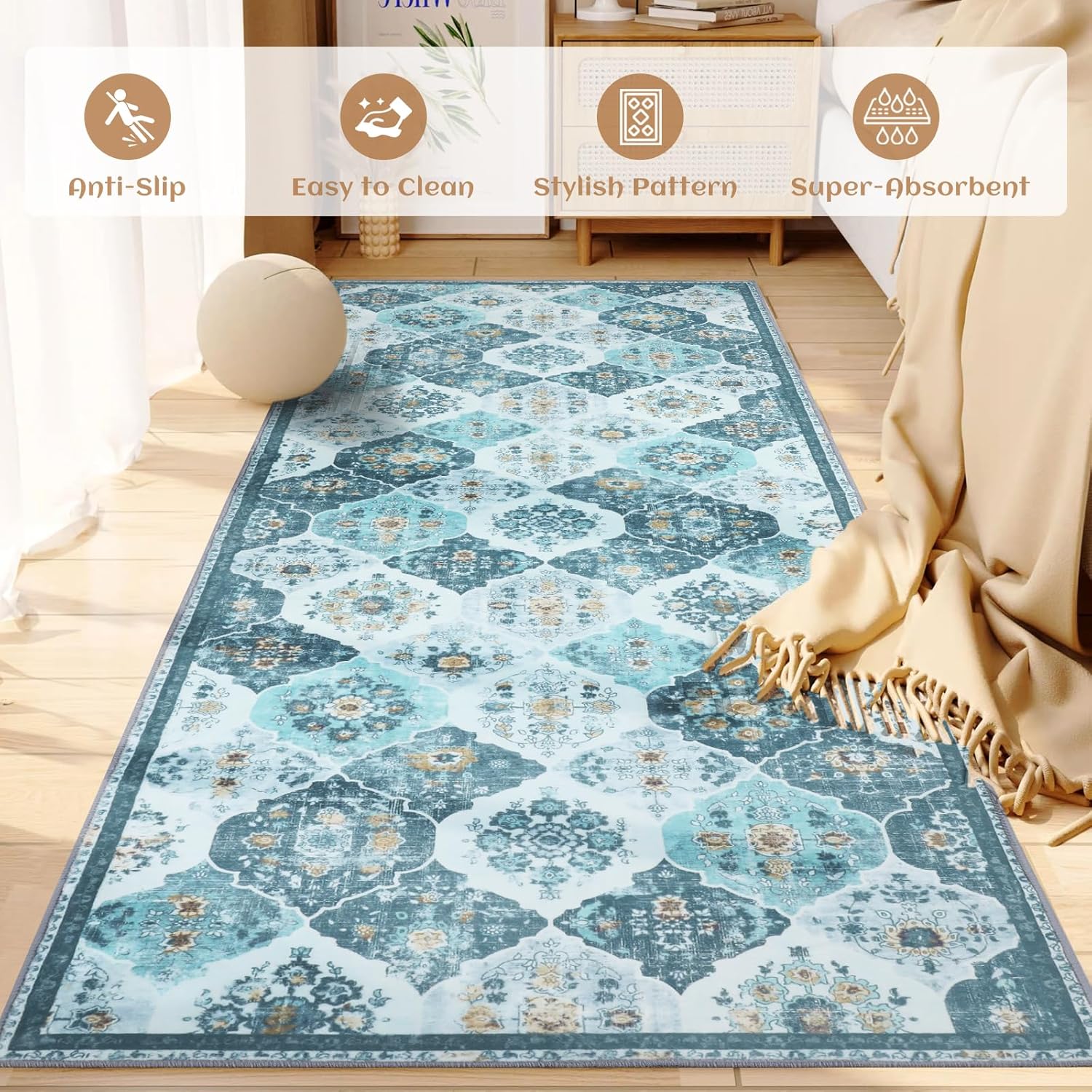 6x9 Area Rug, Washable Boho Rugs for Living Room, Moroccan Trellis Bohemian Soft Large Non-Slip Carpet for Dining Room Home Office Bedroom - Teal/Multi