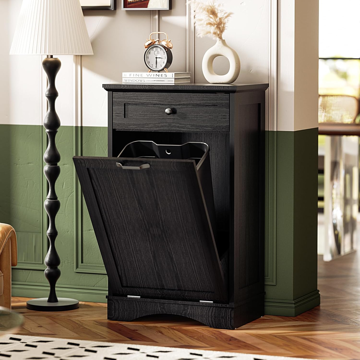 Spurgehom Trash Cabinet,Tilt Out 13 Gallon Trash Can Cabinets,Wooden FreeStanding Waste Bins Kitchen Cabinet with Hideaway Drawer and Pet Proof Trash Can Storage(Grey)