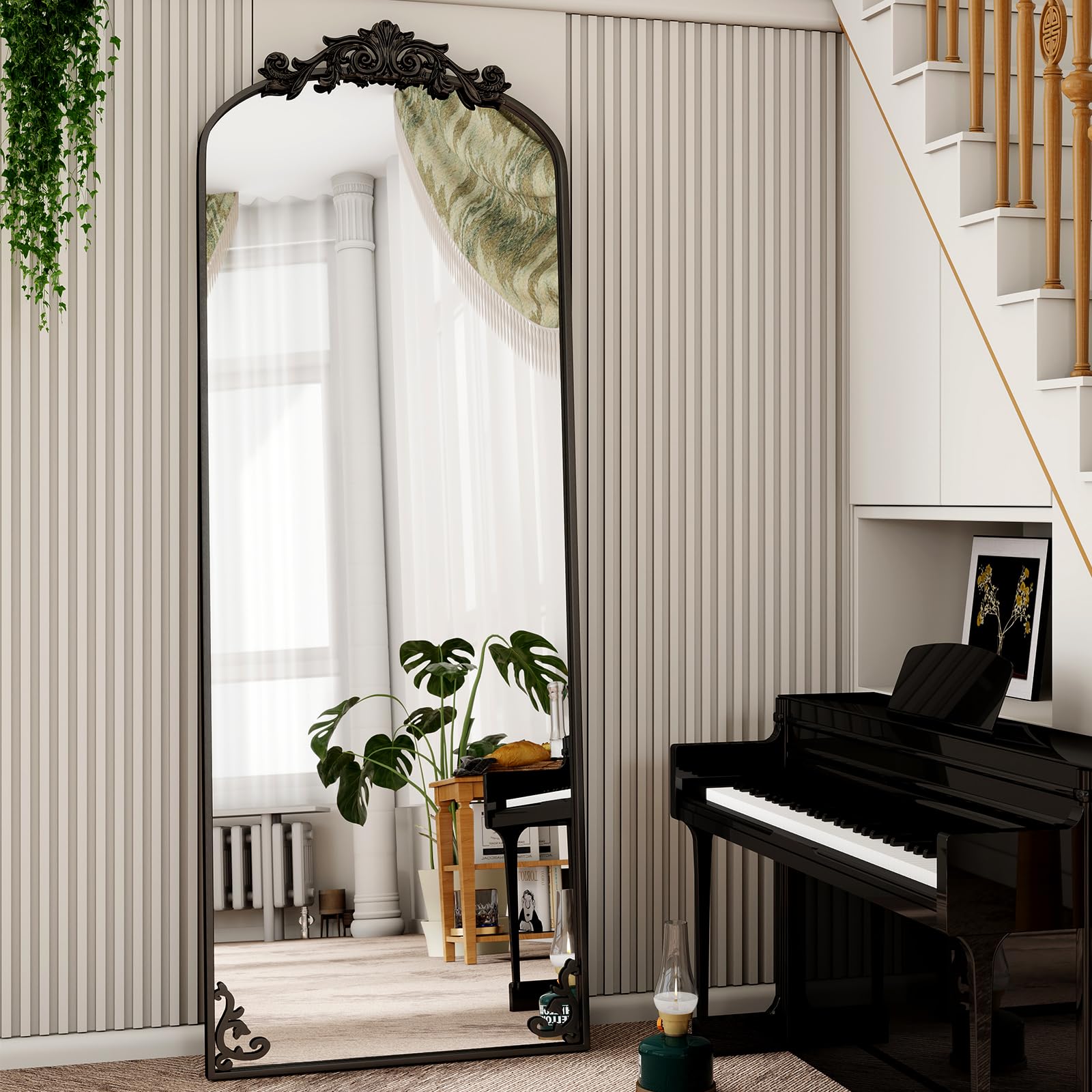 Koonmi Vintage Gewölbter Standspiegel Ganzkörperspiegel, 70x180 cm, Bruchsicher Stehspiegel in voller Länge mit schönen Retro-Gravur Prozess für Schlafzimmer Flur, Schwarz