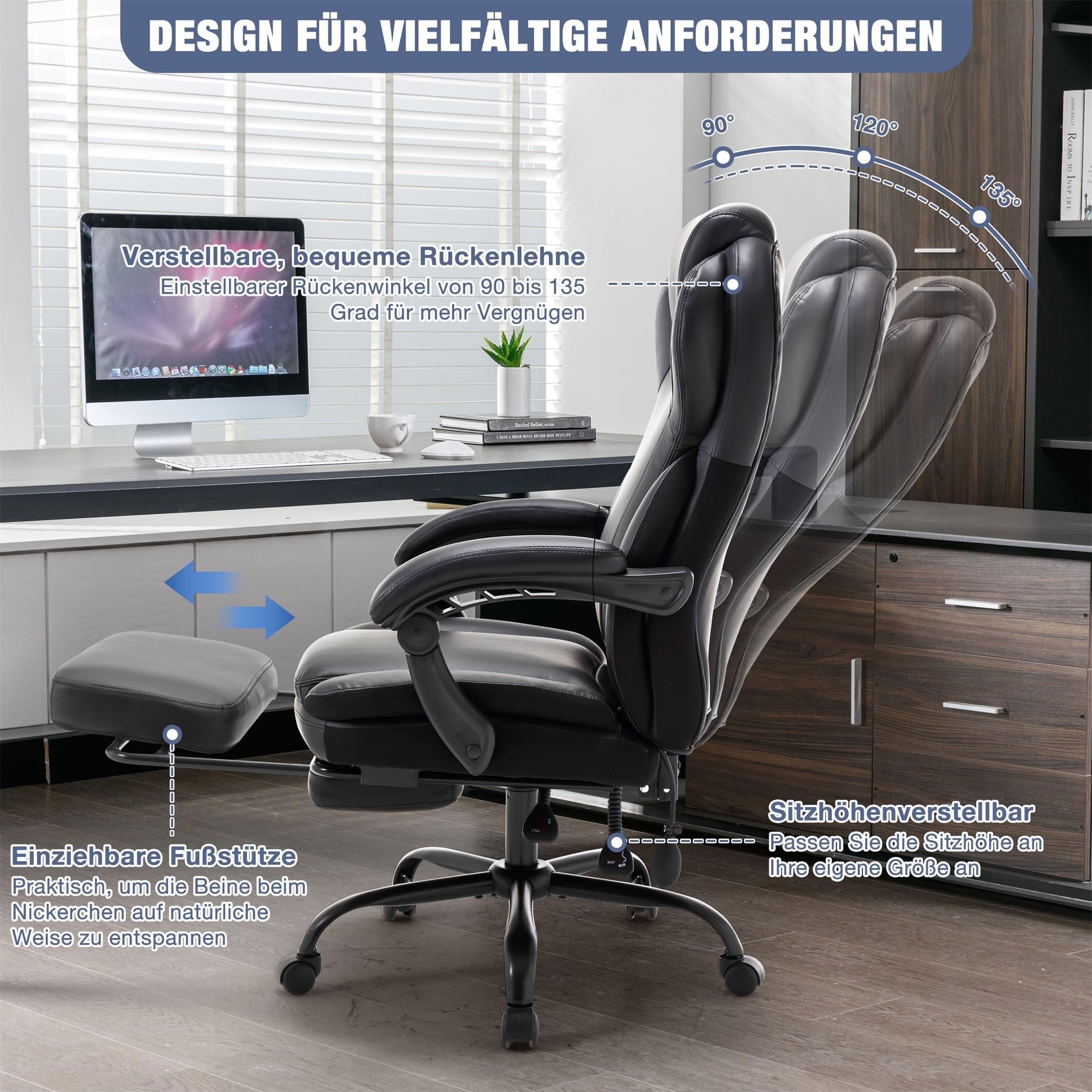 Bosmiller Ergonomischer Bürostuhl 180KG Verstellbare Schreibtischstuhl mit Hoher Rückenlehne und Breite Sitzfläche Hochklappbarer Armlehne Office Chair für Büro Computer Chefsessel