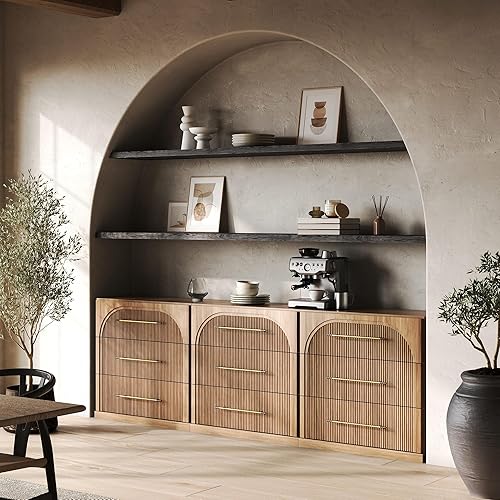 Miniatura 11 de BELLEZE Aparador Modular Acanalado Buffet con Almacenamiento, Mesa Consola Moderna de Mediados de Siglo con Puertas Arqueadas Simétricas, Elegante