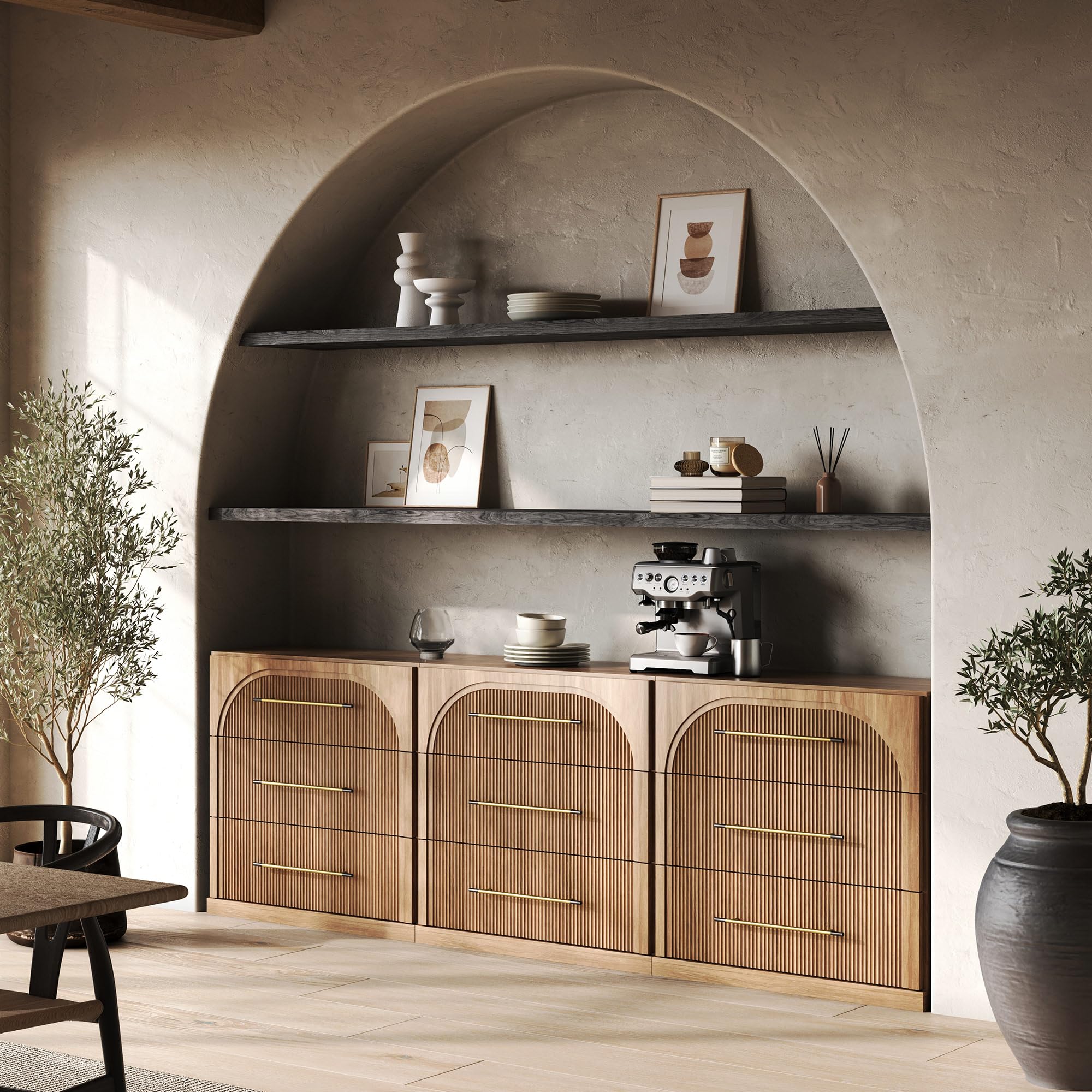 BELLEZE 65 Inch Fluted Buffet Cabinet with Storage, Symmetrical Arc Accent Sideboard Large Console Table for Dining Room, Kitchen, and Living Room (Camel) — view 14