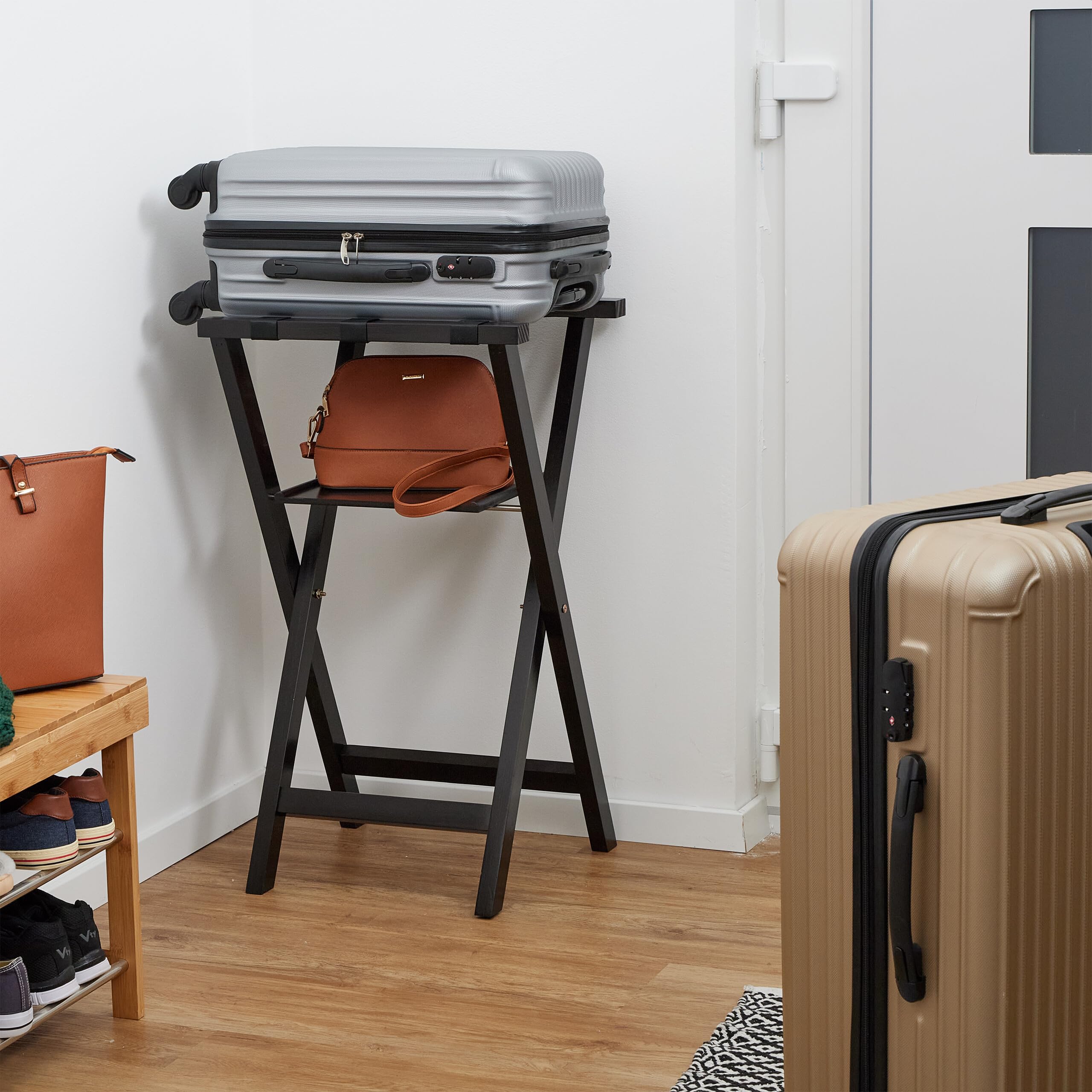 Relaxdays Porte-Bagage, Pliable, Bois de pin, HxLxP: 81x46x43 cm, avec Petite étagère, Support Sac Voyage, hôtel, Noir