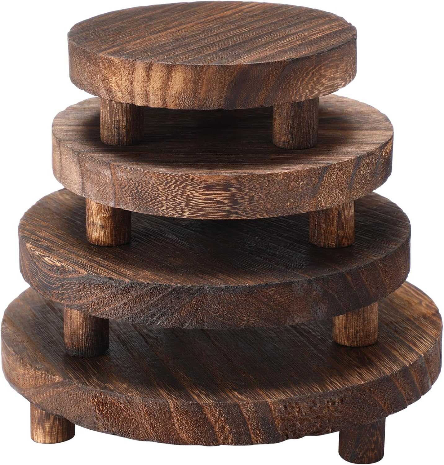 Geetery 4 Pcs Wooden Risers for Display Wood Pedestal Stand Mini Tray Stand Round Wooden Pedestal Holder Rustic Riser for Decor Tiered Tray Decor Home Kitchen, 4 Size(Brown)
