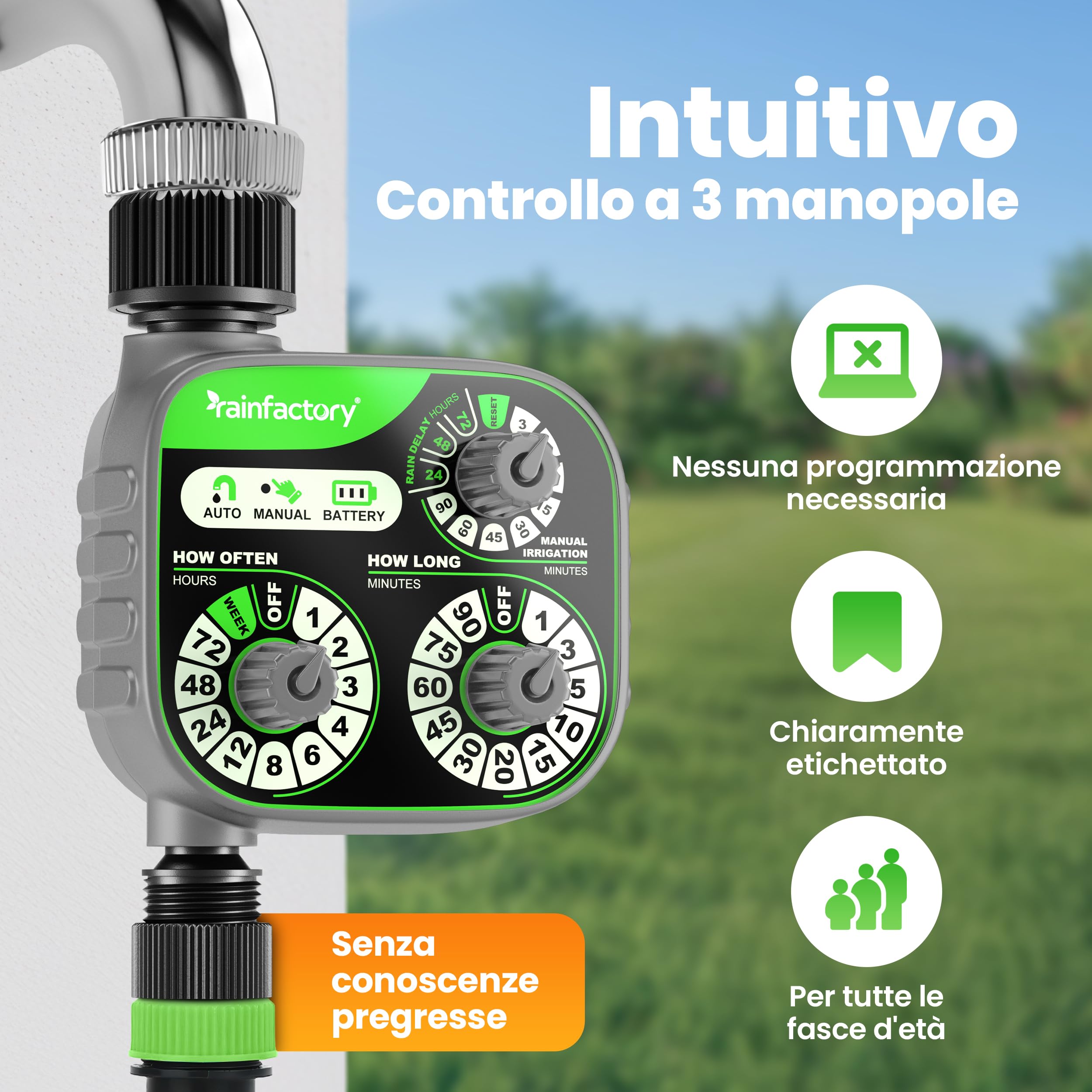 rainfactory Timer Irrigazione con 3 Manopole - Programmatore Irrigazione per Uso Automatico o Manuale con Ritardo Pioggia - Risparmio Acqua per Giardino, Prato e Balcone